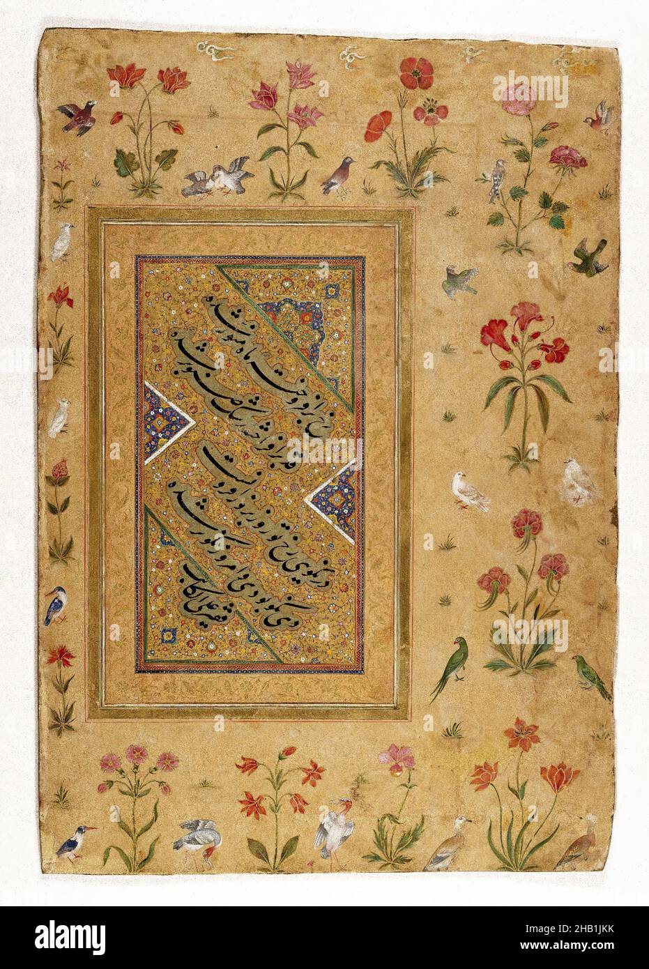 Probe der persischen Kalligraphie aus einem Mughal Album, Tinte, opake Aquarell, und Gold auf Papier, 16th Jahrhundert; Ränder 17th Jahrhundert, Mughal, Mughal, Bild: 7 13/16 x 3 14/16 Zoll, 19,8 x 9,7 cm, Vögel, Kalligraphie, Fauna, Flora, Blumen, Gold, Tinte, Liebe, Naher Osten, Mogul, Papier, Persisch, Pflanzen, Poesie, Aquarell Stockfoto