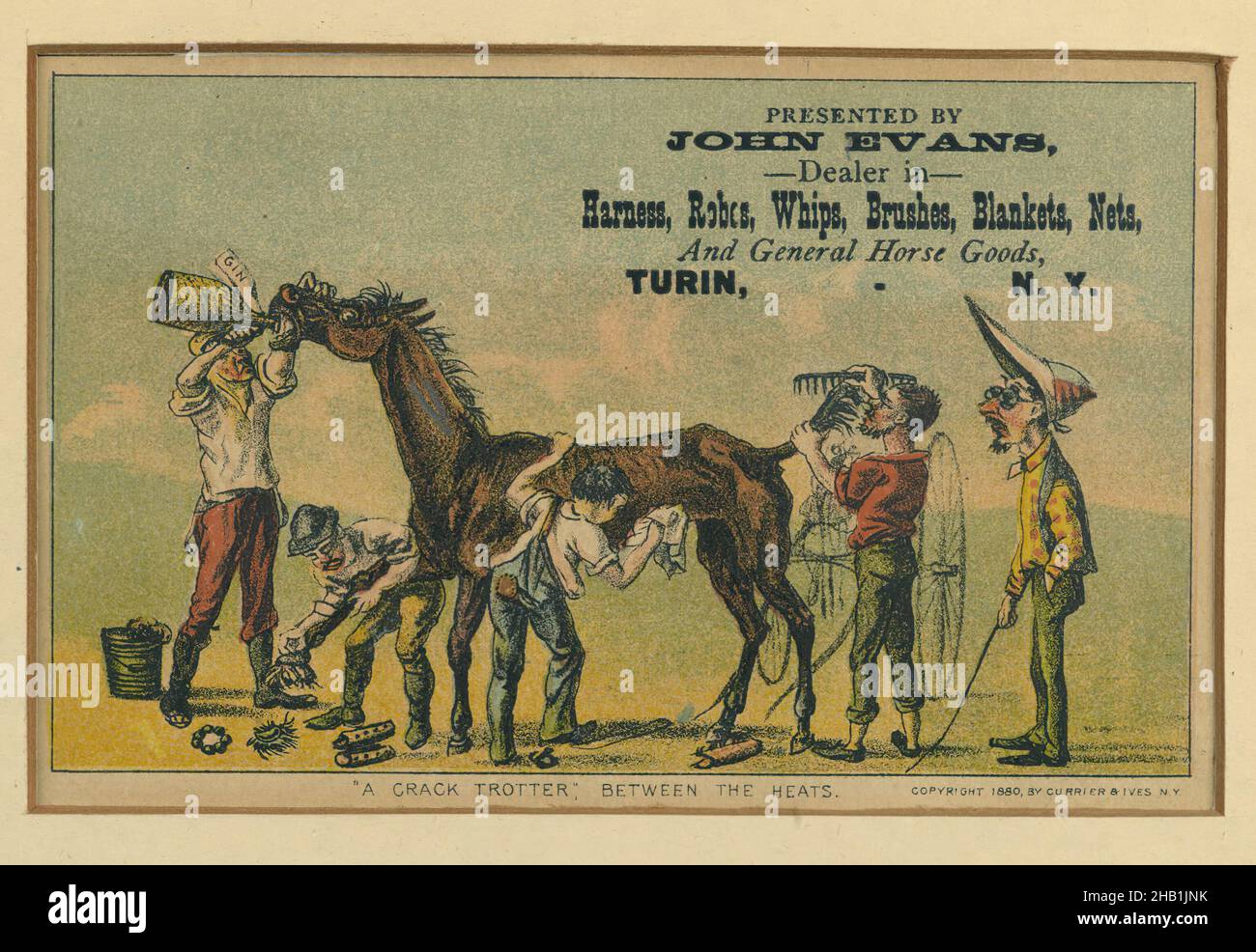 A Crack Trotter,' Between the Heats, After Currier & Ives, amerikanisch, Farbreproduktions-Druck auf Karte, 1880, Blatt: 6 x 7 5/8 Zoll, 15,2 x 19,4 cm, Werbung, Alkohol, Americana, Tierpflege, Pflege von Pferden, Karikatur, Cartoon, Trinken, Ephemera, Gin, Pflege, Pferd, Pferderennen, Humor, Nostalgie, Postkarte, Rennen, Einzelhandel, Sport, Handel Stockfoto