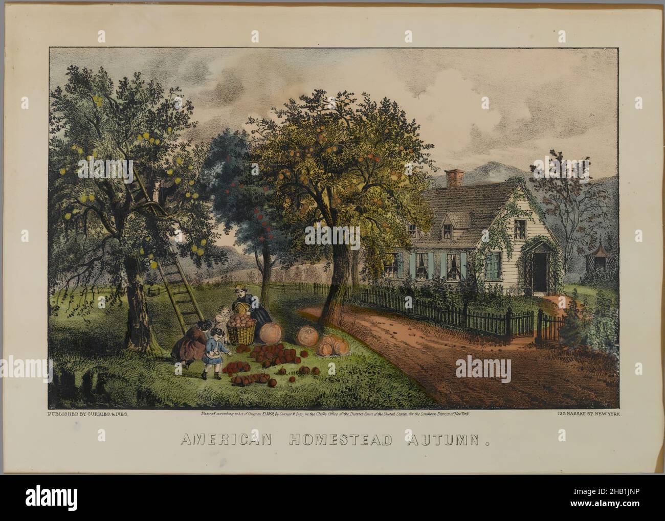 American Homestead Autumn, Currier & Ives, American, handkolorierte Lithographie auf Webepapier, 1868-1869, Blatt: 9 15/16 x 14 Zoll, 25,3 x 35,5 cm, Amricana, Autumn, Cottage, Landstraße, Country-Szene, Herbstszene, volkstümlich, Haus, Lifestyle, Nostalgie, ländlich Stockfoto