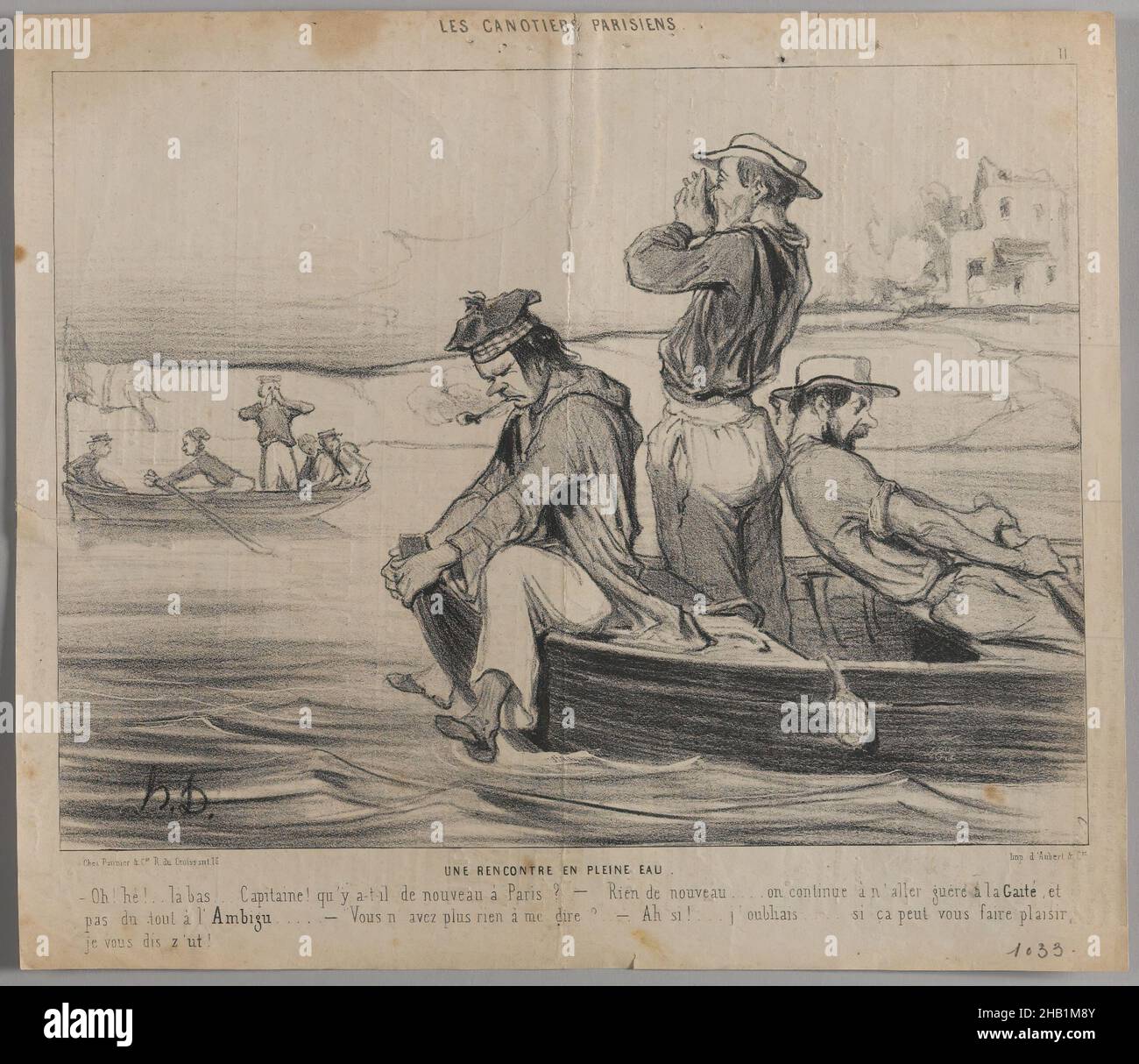 Une Rencontre en Pleine Eau, Honoré Daumier, Französisch, 1808-1879, Lithograph auf Zeitungspapier, Frankreich, 22. Juni 1843, Blatt: 9 7/8 x 11 3/8 Zoll, 25,1 x 28,9 cm, s/w, Boot, Daumier, Französisch, Hollering, Lithograph, Zeitungspapier, Rohr, Ruderboot, Rudern, Segeln Stockfoto