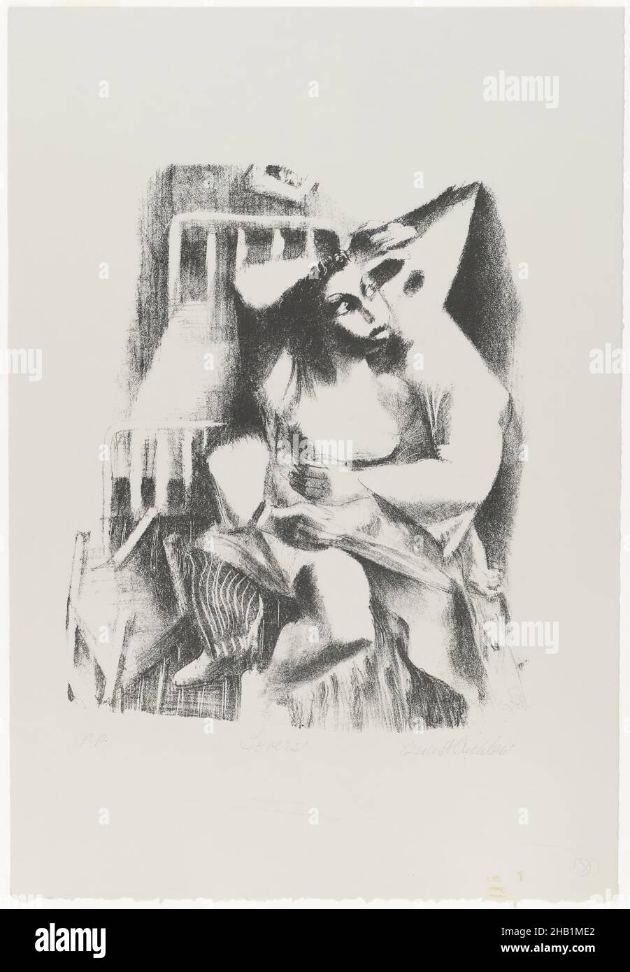 Lovers, Ernest Crichlow, American, 1914-2005, Lithograph auf weißem Wove-Papier, 1938, Blatt: 22 1/4 x 15 3/16 Zoll, 56,5 x 38,6 cm, 20.C, Entführung, afroamerikanisch, geboren in Brooklyn, Brooklyn Künstler, zeitgenössische Kunst, Hood, Ku Klux Klan, Rassenbeziehungen, Soziale Ungerechtigkeit, Gewalt Stockfoto