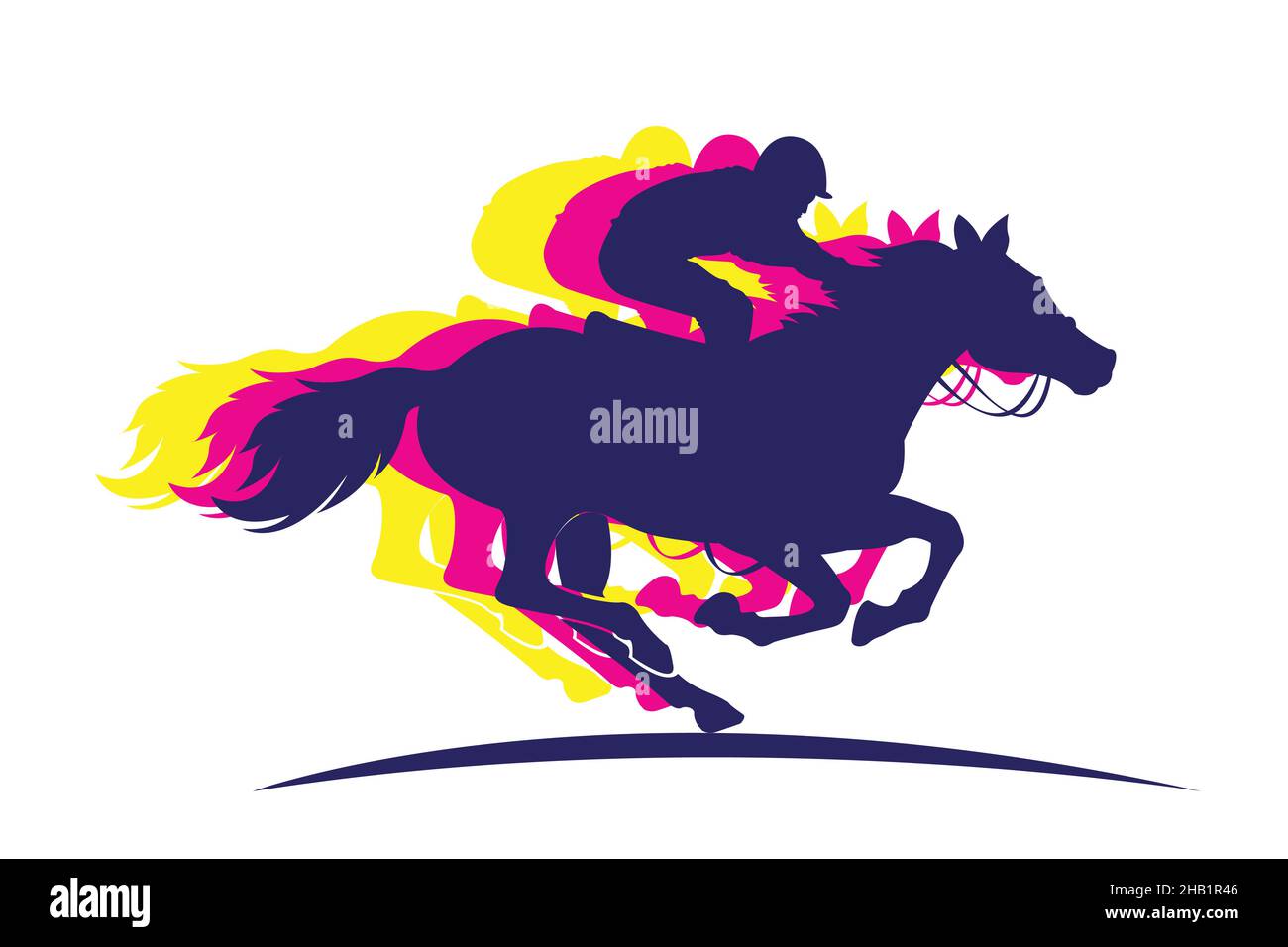 Vektor-Illustration von Rennpferd mit Jockey. Schwarz isoliert Silhouette auf hellgrauem Hintergrund. Logo des Reitwettbewerbs. Stock Vektor