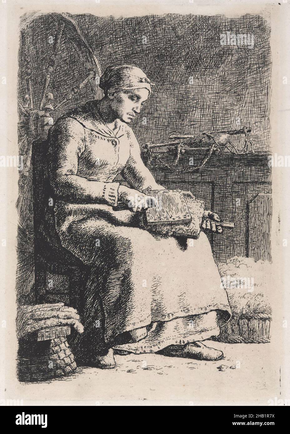 Woman Carding Wool, La Cardeuse, Jean-François Millet, Französisch, 1814-1875, Radierung auf altem Büttenpapier, Europa, 1855-1856, 10 1/8 x 6 3/4 Zoll, 25,7 x 17,2 cm Stockfoto