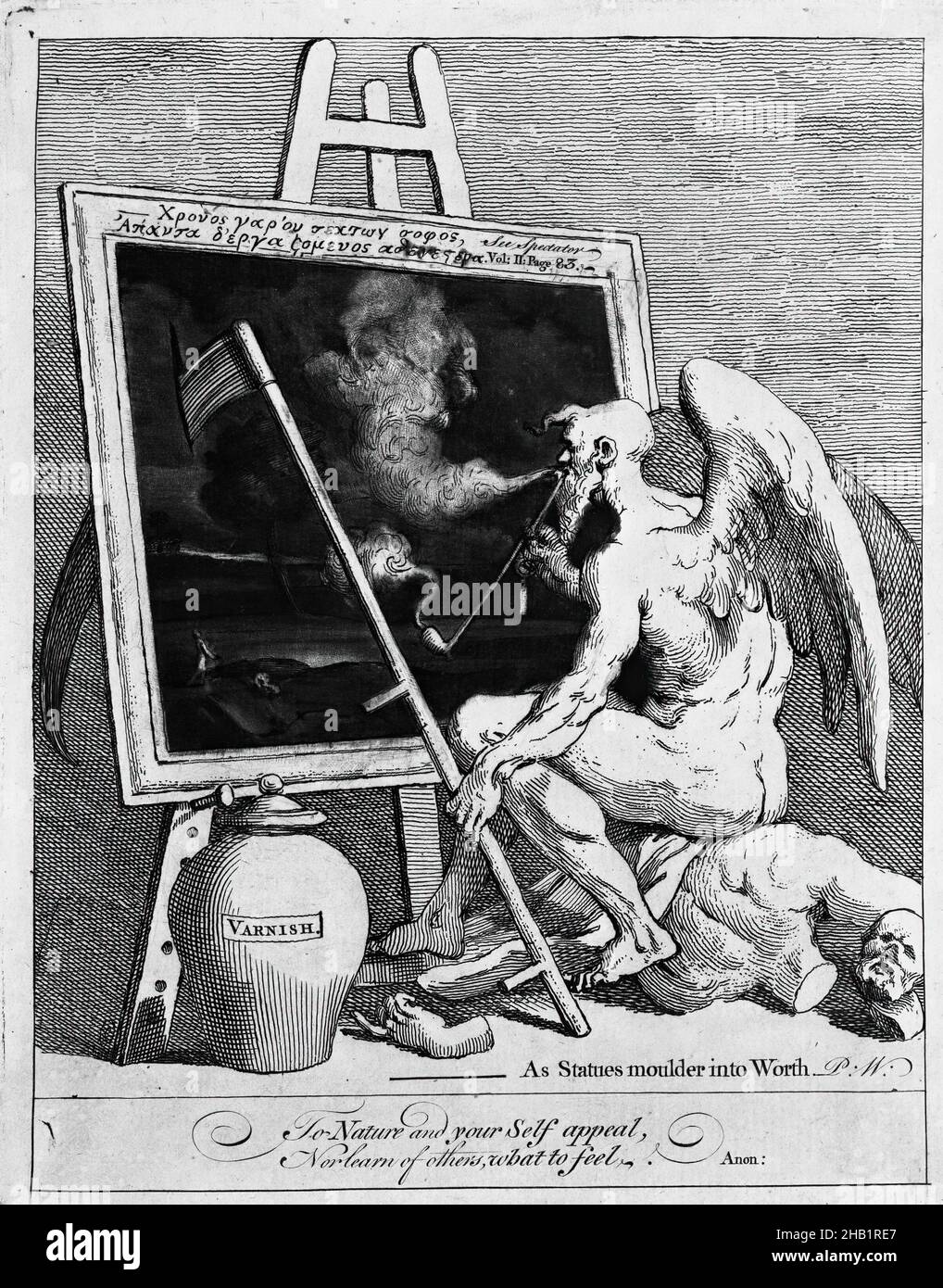 Time Smoking a Picture, William Hogarth, britisch, 1697-1764, Rading, Mezzotint, Gravur auf Papier, 1761, 9 1/16 x 7 3/16 Zoll, 23 x 18,3 cm, Kunst, Zeit Stockfoto