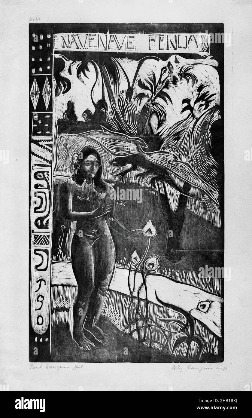 Nave Nave Fenua, Fragrant Isle, Noa Noa, Paul Gauguin, Französisch, 1848-1903, Holzschnitt auf webtem Porzellanpapier, geschnitzt im Winter 1893-1894; gedruckt 1921, Bild: 13 15/16 x 8 1/16 Zoll, 35,4 x 20,5 cm Stockfoto