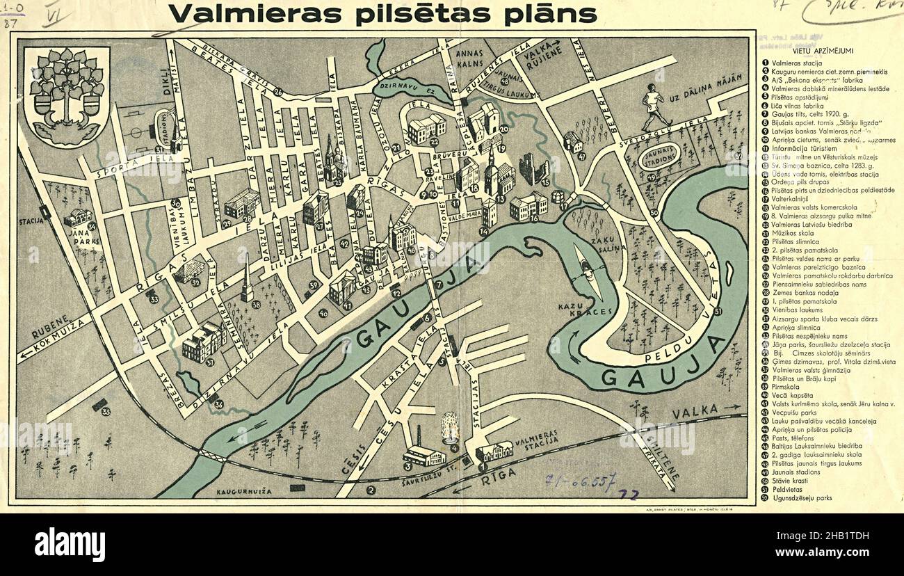 Valmiera Karte, Valmiera Plan, Karte von Valmiera, Valmiera Print, Valmiera Poster, Alte Valmiera Karte, Retro Valmiera Plan, Lettland Karte, Lettland Poster Stockfoto