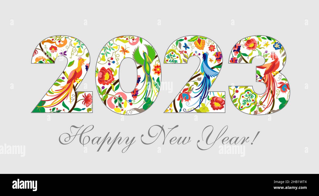 2023 Ein glückliches neues Jahr Herzlichen Glückwunsch. Horizontales Logo-Konzept. Florale Fee im Hintergrund. Abstrakte isolierte Grafik-Design-Vorlage. Dekorative ethnische Grabung Stock Vektor