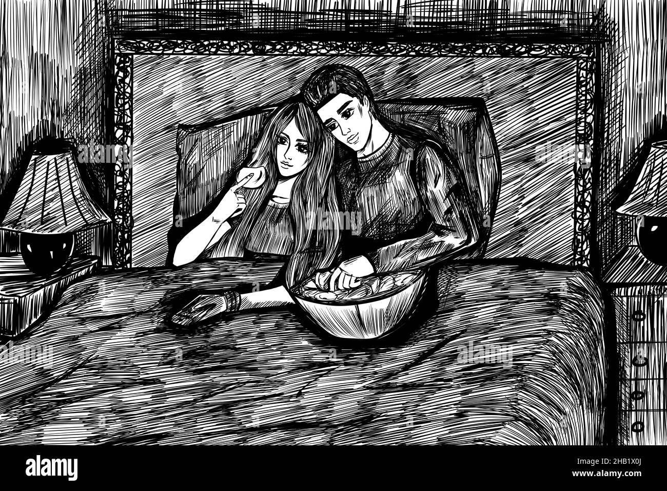 Paar Essen Chips Im Bett Stockfoto