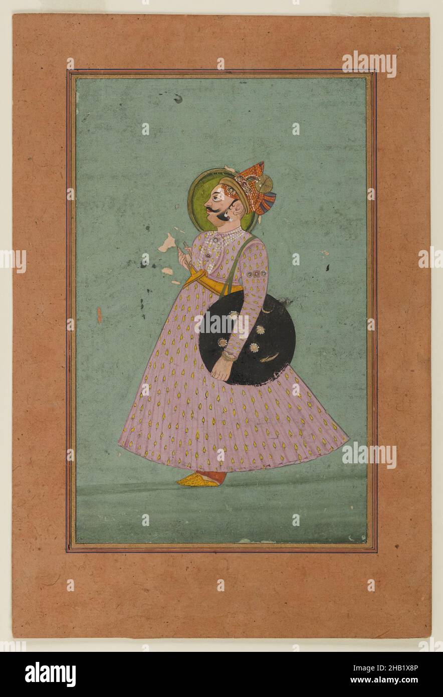 Porträt des Maharaja Bakhat Singh, Inder, opakes Aquarell und Gold auf Papier, Rajasthan, Indien, Anfang 19th Jahrhundert, Blatt: 8 15/16 x 6 Zoll, 22,7 x 15,2 cm, 19th Jahrhundert, Krone, Gold, Indien, Jodhpur, Katar, maharadja, Mann, Orientalist, Malerei, Papier, pînk, Porträt, Rajasthan, Schild, Aquarell Stockfoto