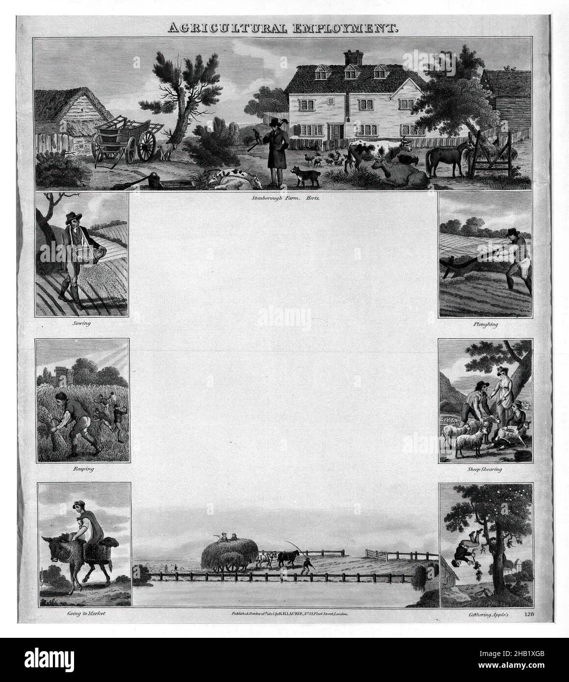 Landwirtschaftliche Beschäftigung, Richard Holmes Laurie, Englisch, ca. 1776-1858, Platte mit Liniengravur, handfarbig, 1825, 17 1/2 x 14 1/4 Zoll, 44,4 x 36,2 cm Stockfoto