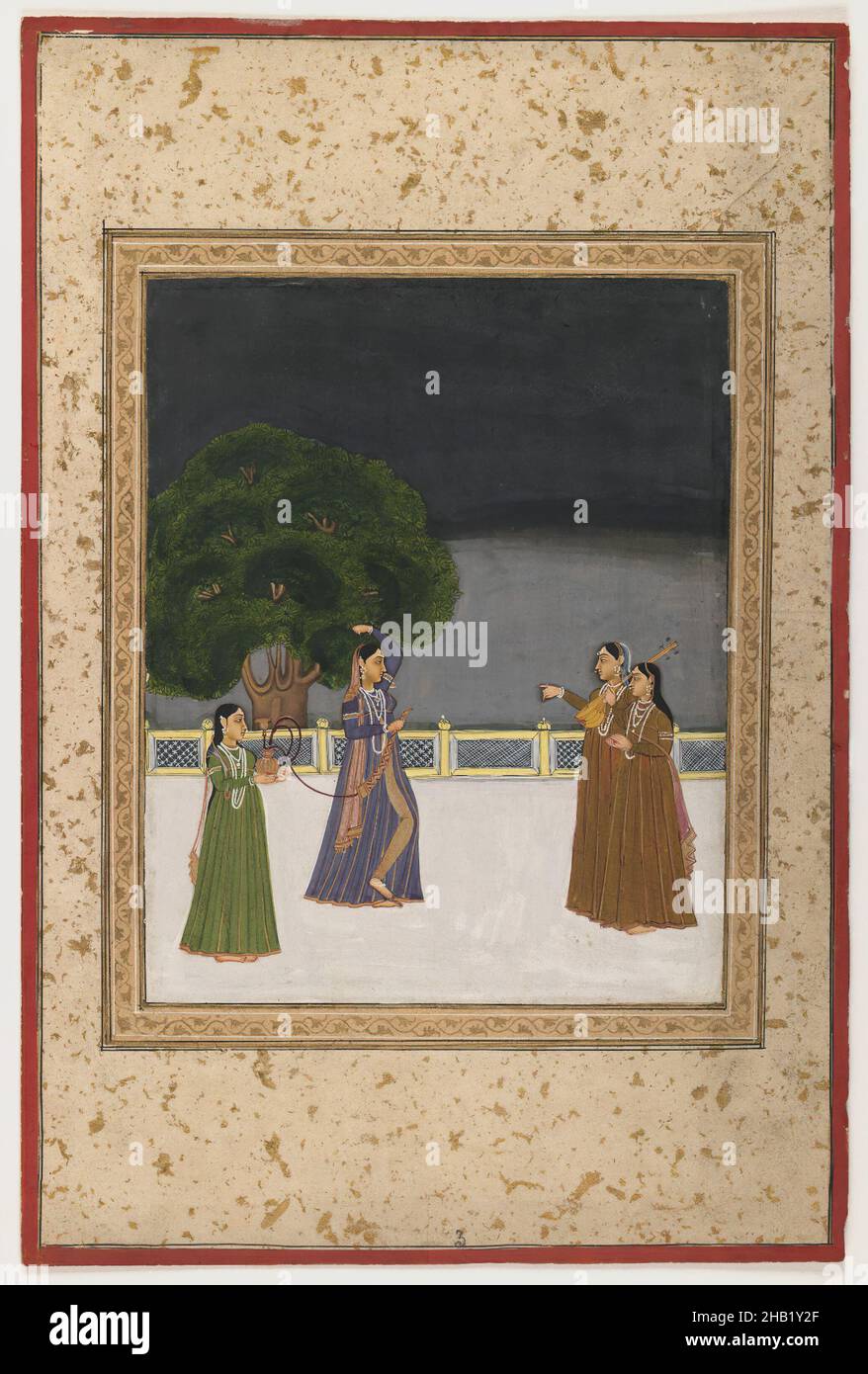 Miniaturmalerei, opakes Aquarell auf Papier, Indien, Ende 18th-19th Jahrhundert, Mughal, 15 9/16 x 10 1/2 Zoll, 39,5 x 26,6 cm, Balkon, Hof, Tanz, Figuren, Indianer, Instrumente, Damen, Freizeit, Musiker, Terrasse, Leistung, gehobene Klasse Stockfoto