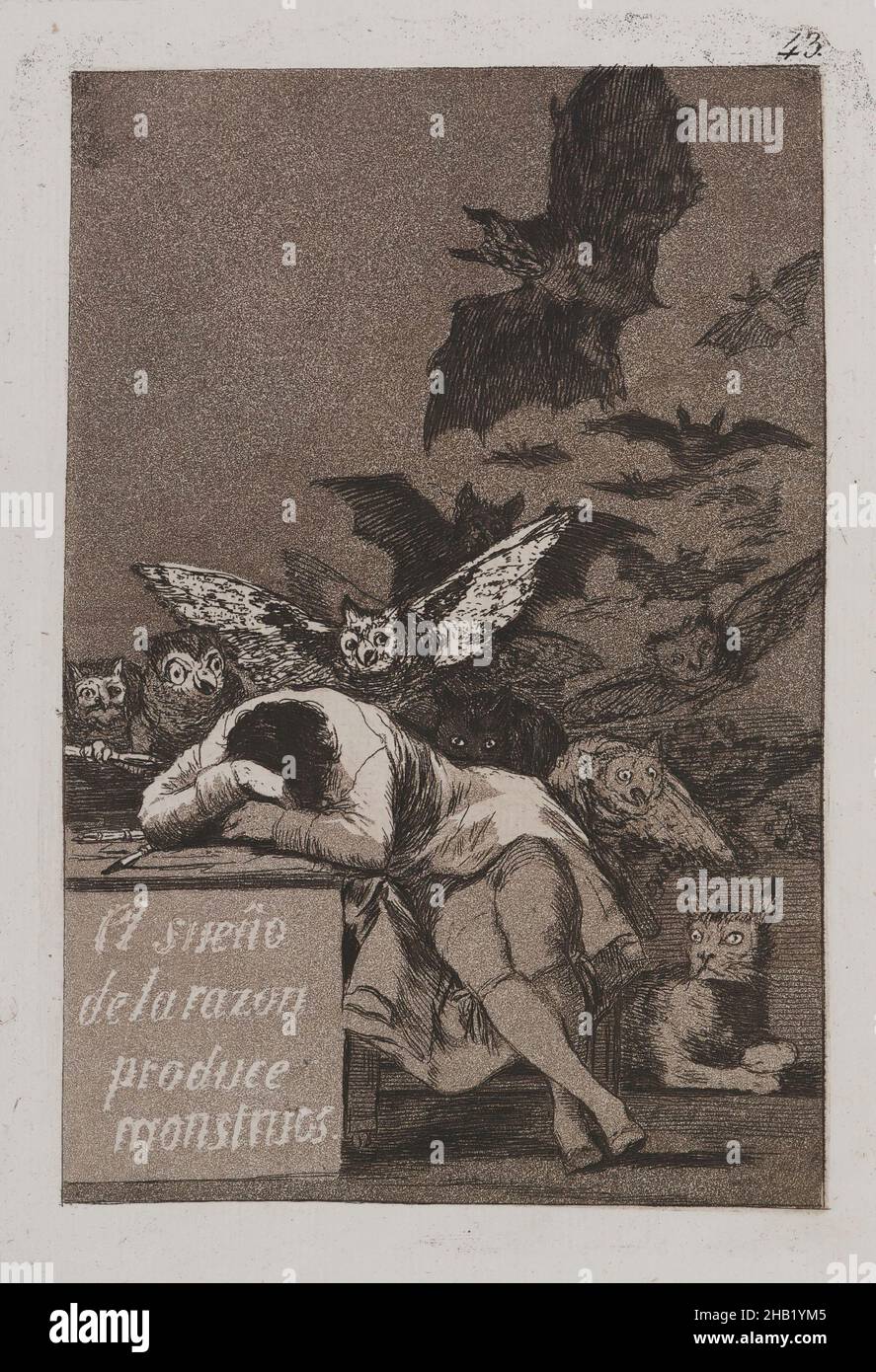 The Sleep of Reason produces Monsters, El sueño de la razon Produce Monstruos, Los Caprichos, Plate 43, Francisco de Goya y Lucientes, Spanish, 1746-1828, Etching and Aquatint on laid paper, Spain, 1797-1798, Sheet: 11 7/8 x 8 in., 30,2 x 20,3 cm, Aquatint, bat, CAT, Dream, Gravur, Radierung, Gesichter, Ghoulish, Bedrohung, Monster, Albtraum, Eule, Raubtiere, Print, Satire, Satire, Spanien, Spanisch Stockfoto