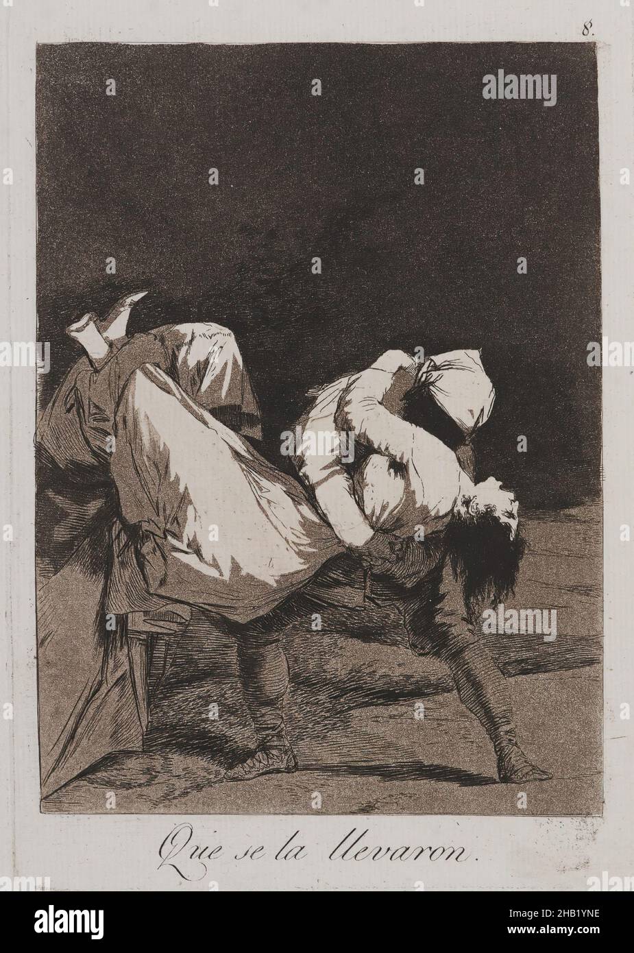 Sie trugen sie weg!, Que se la llevaron!, Los Caprichos, Platte 8, Francisco de Goya y Lucientes, Spanisch, 1746-1828, Radierung und Aquatinta auf gedecktem Papier, Spanien, 1797-1798, Platte: 8 9/16 x 6 Zoll, 21,7 x 15,2 cm, Aquatinta, Tragen, Gravieren, Ätzen, Mann, der Frau hält, Alter Meister, Druck, Romantik, Satire, Satirisch, Spanien, Spanisch Stockfoto