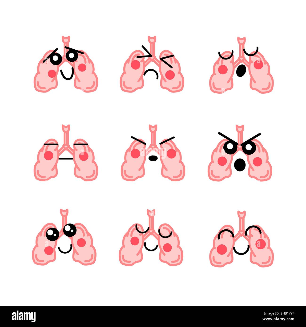 Set von hellen menschlichen Lungen mit niedlichen Gesichtern, medizinische Symbole auf weiß Stock Vektor