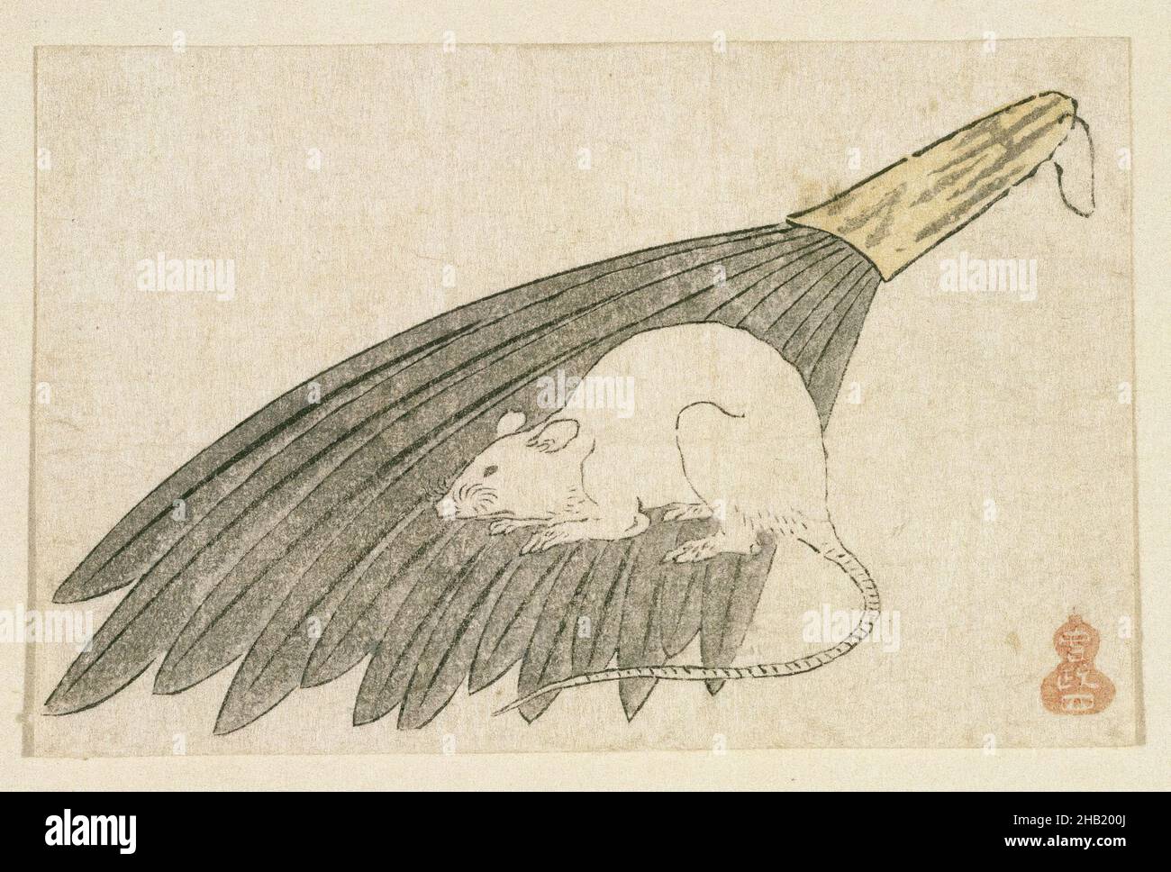 Egoyomi, Rat, Farbholzschnitt auf Papier, Japan, 1752-1793, Edo-Periode, Blatt: 3 5/16 x 5 3/16 Zoll, 8,4 x 13,1 cm, Tier, Fächer, Ärgernis, Schädling, Ratte, Nagetier Stockfoto