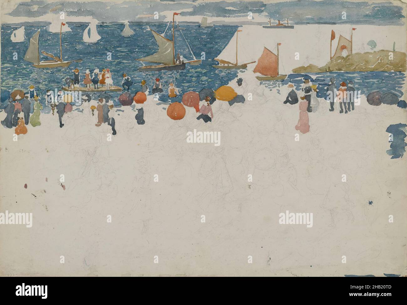 Strandszene mit Booten, Maurice Brazil Prendergast, Amerikaner, 1858-1924, Aquarell und Graphit auf Wove-Papier, Nordamerika, ca. 1896-1897, Bettlaken: 14 1/4 x 20 3/4 Zoll, 36,2 x 52,7 cm, Strand, Strandszene, Boote, unvollständig, Menschen, Segelboote, Segel, Sand, Meer, Schwimmen, Unvollendete Arbeiten, Wasser, Aquarell, Aquarell und Graphit auf Webe-Papier Stockfoto