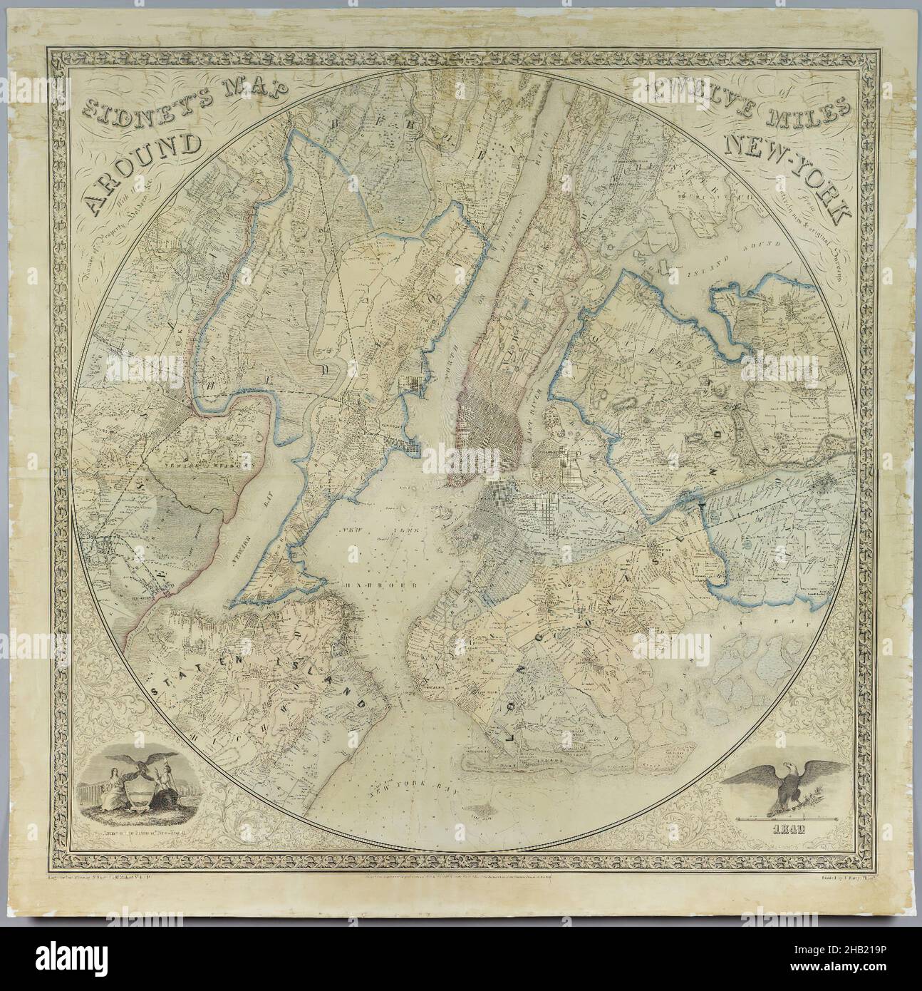 Sidney's Map Twelve Miles Around New York, Chromo Lithographie, 1849, 35 5/8 x 35 1/16 in., 90,5 x 89 cm, 19th Century, Boroughs, Brooklyn map, Kartographie, Stadtplanung, historisches Brooklyn, historische Karte, historisch, Grundbesitzer, Long Island, Karte, Metropolregion, New York City, Geschichte New Yorks, Karte von New York, New York Stadtviertel, New York Wasserstraßen, Old Brooklyn, Old Long Island, Old Manhattan, Old New Jersey, Old New York, Old Staten Island, Ortsnamen, Prominente Familien, Staten Island, Straßenraster, Straßennamen, Topographie, Stadt Stockfoto