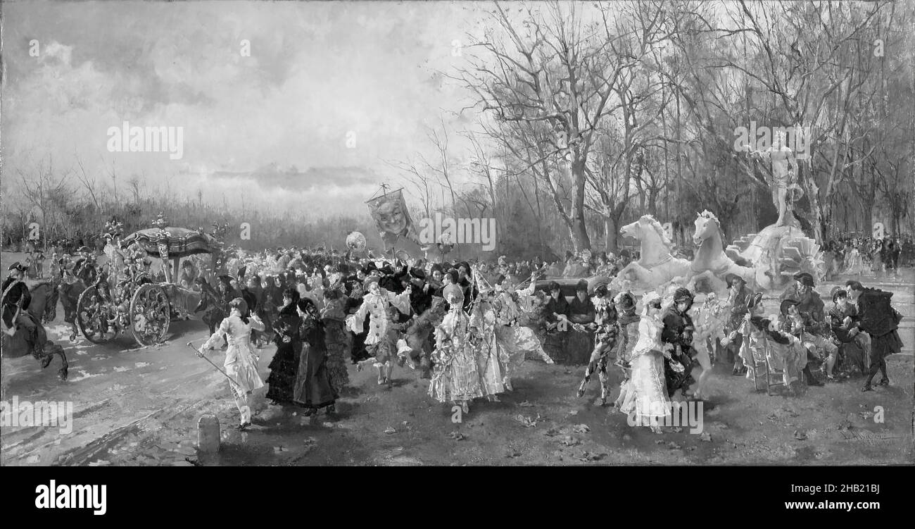 Der Karneval, Luis Alvarez Catalá, Spanisch, 1836-1901, Öl auf Leinen, Europa, 1886, 20 3/4 x 40 3/8 Zoll, 52,7 x 102,6 cm, Banner, Kutsche, Feier, Menschenmenge, europäer, jeder liebt eine Party, Harlekin, Maske, Maskerade, Bäume Stockfoto