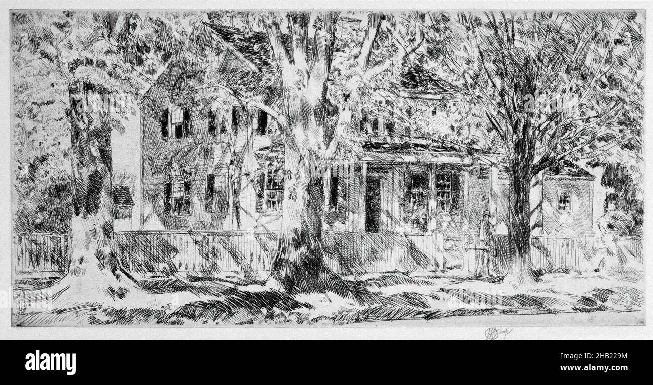 House on the Main Street, Easthampton, Frederick Childe Hassam, Amerikaner, 1859-1935, Radierung auf Papier, 1922, Blatt: 8 7/16 x 14 Zoll, 21,4 x 35,6 cm Stockfoto