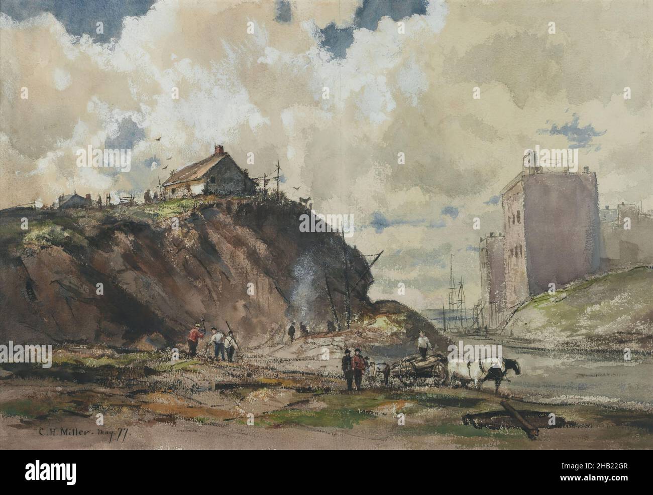 The Way the City is Built, Charles Henry Miller, Amerikaner, 1842-1922, Aquarell mit Graphitstift-Unterzeichnung auf mäßig strukturiertem, mäßig dickem, cremefarbenem, gewongenem Papier, kaltgepresstem Aquarellpapier, 1877, 12 7/8 x 18 1/2 Zoll, 32,7 x 47 cm, amerikanische Kunst, amerikanischer Künstler, Gebäude, Gebäude, Karren, Stadtbild, Klippe, Wolken, Bau, Ausgrabungen, Harlem, Hügel, Pferde, Haus, Landschaft, Manhattan, New York City, Alt-New York, Menschen, Fluss, Himmel, Rauch, Stadthäuser, Wasser, Aquarell, Arbeit, Arbeiter Stockfoto