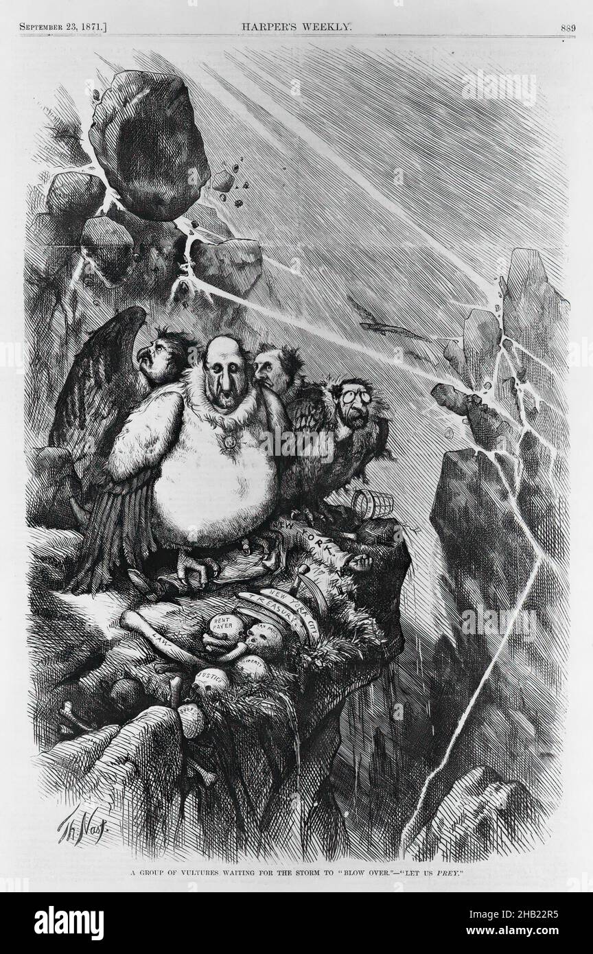 A Group of Veitures Waiting for the Storm to 'Blow Over' - 'Let US Prey', Thomas Nast, Amerikaner, 1840-1902, Holzstich auf Zeitungspapier, 1871, Bild: 13 11/16 x 11 1/4 Zoll, 34,8 x 28,5 cm Stockfoto