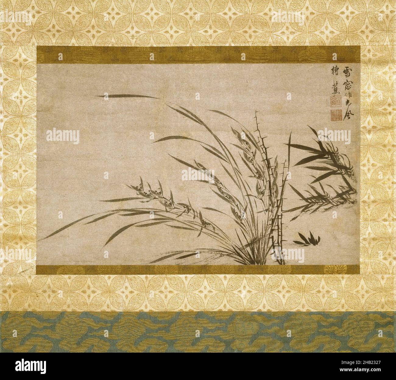 Fragment einer Handrolle, die als hängende Schriftrolle montiert ist - Bambus, Orchidee und Thorn, Hsueh Ch'uang, Malerei in Tusche auf Papier, China, 1279-1368, Yuan-Dynastie, Yuan-Dynastie, Bild: 15 3/4 x 25 3/16 Zoll, 40 x 64 cm, Herbst, Ruhe, Fauna, Flora, Blumen, handscroll, Harmonie, japan, Japaner, Blätter, minimal, Natur, Naturstudie, Pflanzen Stockfoto