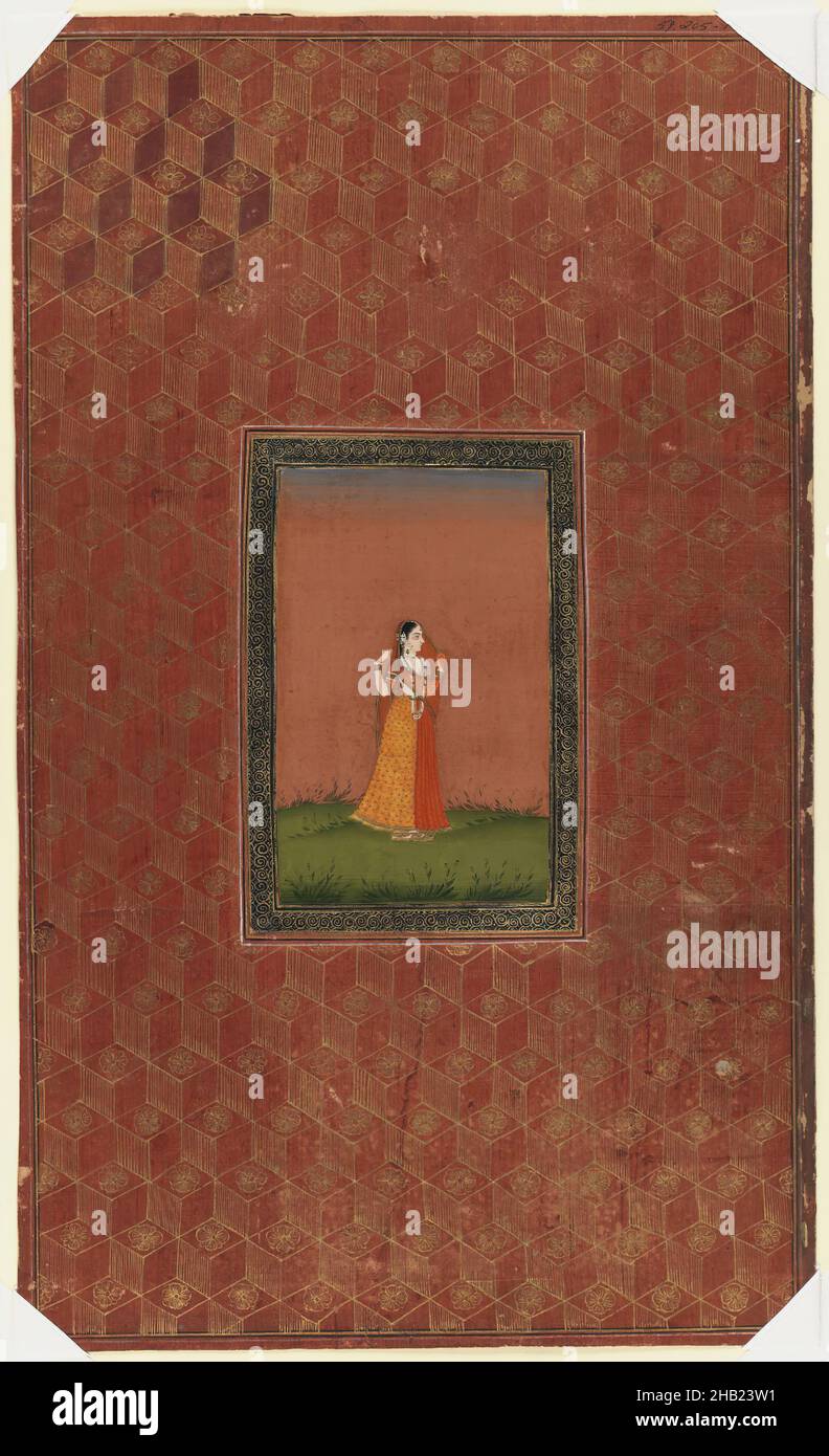 Stehende Frau, indisch, Deckfarben und Gold auf Papier, Dekan, Indien, 1875-1900, Blatt: 19 11/16 x 11 3/4 Zoll, 50 x 29,8 cm, Dekan, Gold, Hyderabad, Schmuck, Papier, Aquarell, Frau Stockfoto