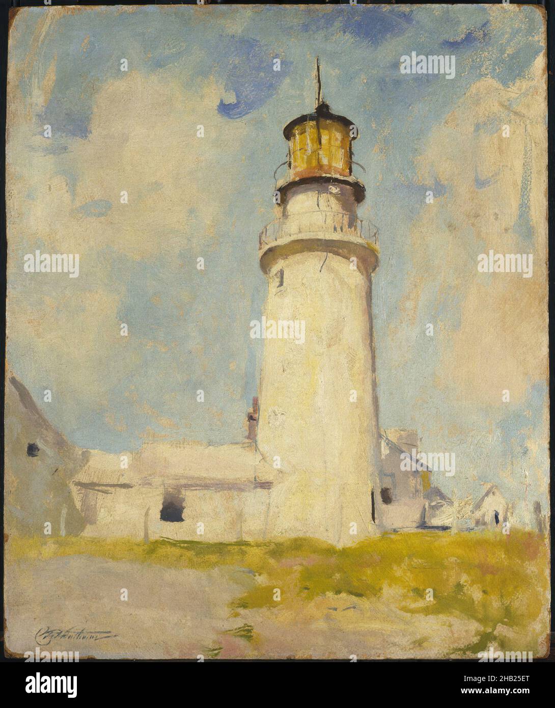 Highland Light, Charles W. Hawthorne, Amerikaner, 1872-1930, Öl auf Platte, Ca. 1925, 24 x 19 13/16 Zoll, 60,9 x 50,3 cm, Gebäude, ca. 1925, Wolken, Landschaft, Leuchtturm, ndd7, Öl auf Tafel, Malerei, phallisch, Himmel, sonnig Stockfoto