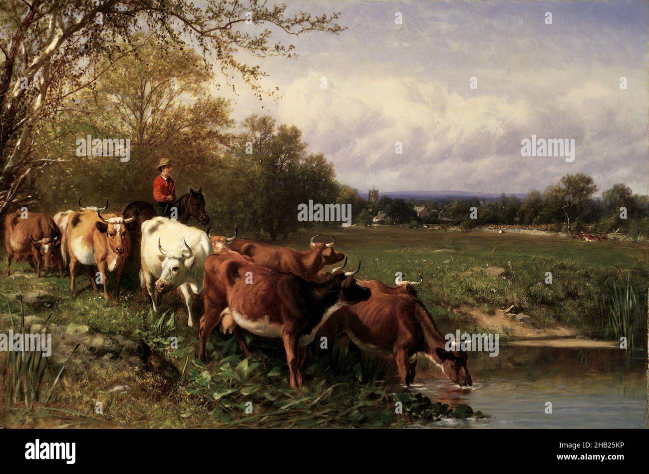 Rinder und Landschaft, Öl auf Leinwand, 1867, 19 13/16 x 29 13/16 in., 50,4 x 75,7 cm, 1867, 19th Jahrhundert, amerikanischer Maler, Rinder, Wolken, Kühe, Trinken, Gras, Hart, herder, horizontal, Hudson River School, Landschaft, Vieh, Öl auf Leinwand, Ölgemälde, Malerei, Pastoral, Teich, Romantik, ländlich, Himmel, Bäume, Wasser, Bewässerungsloch Stockfoto Rinder und Landschaft, Öl auf Leinwand, 1867, 19 13/16 x 29 13/16 in., 50,4 x 75,7 cm, 1867, 19th Jahrhundert, amerikanischer Maler, Rinder, Wolken, Kühe, Trinken, Gras, Hart, herder, horizontal, Hudson River School, Landschaft, Vieh, Öl auf Leinwand, Ölgemälde, Malerei, Pastoral, Teich, Romantik, ländlich, Himmel, Bäume, Wasser, Bewässerungsloch Stockfoto