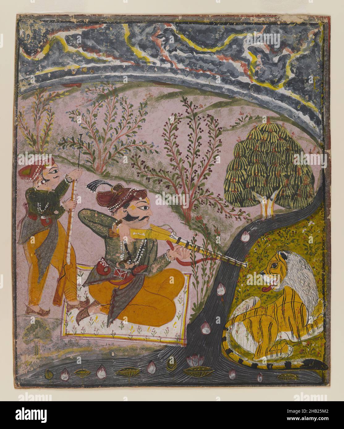 Jagdszene, indisch, Deckfarben auf Papier, Südost, Rajasthan, Indien, ca. 1850, Blatt: 8 5/8 x 7 3/8 Zoll, 21,9 x 18,7 cm, Blumen, Jäger, Jagd, Indianer, Lotus, Muskete, Edelmann, Papier, Rajasthan, Gewehr, Diener, Sport, Stream, stilisiert, tiger, Aquarell Stockfoto