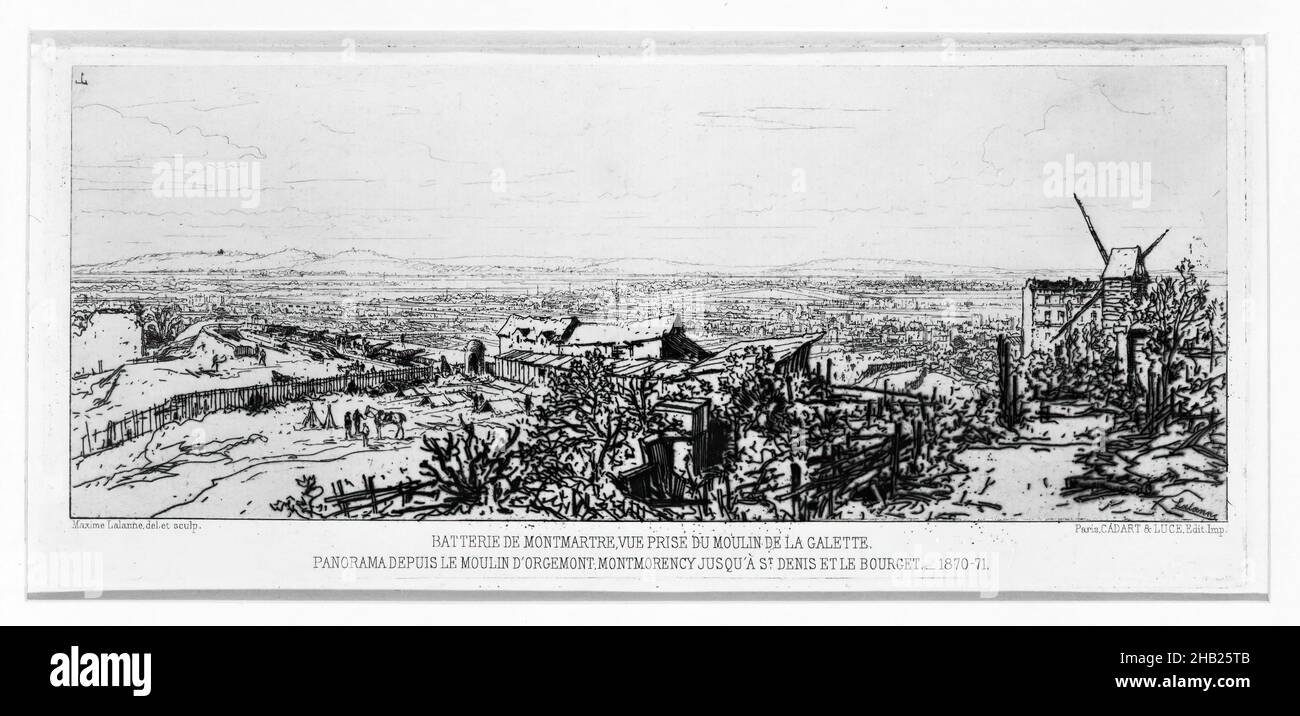 Batterie De Montmarte Pry Du Moulin De La Galette, Maxime Lalanne, französisch, 1827-1886, Radierung auf Papier, 1870-1871, 4 1/4 x 9 1/2 in., 10,8 x 24,1 cm, altes Paris, Windmühle Stockfoto