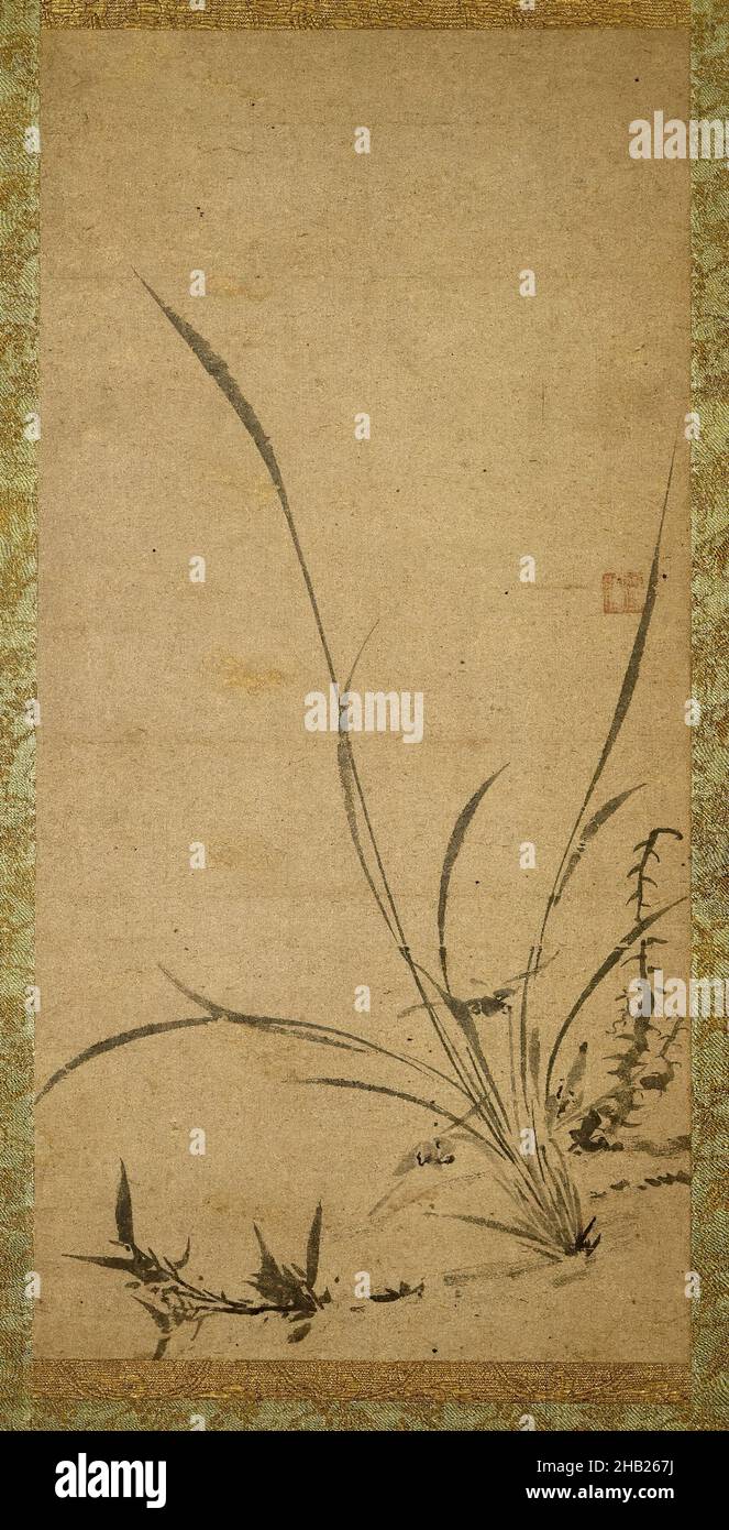 Kakemono: Orchideen, Bambus und Dornen - rechte Tafel, Gyokuen Bompo, japanisch, 1348-1420, Tinte auf koreanischem Papier, Japan, Ende 14th-Anfang 15th Jahrhundert, Muromachi-Zeit, Bild: 25 x 12 1/4 in., 63,5 x 31,1 cm, 1348-1420, Bambus, chinesischer Einfluss, Blumen, Gyokuen Bompo, hängende Schriftrollen, Tinte, Tinte auf koreanischem Papier, Japan, Japaner, kakemono, Koreanisch, Ende 14th-Anfang 15th Jahrhundert, Muromachi-Zeit, Orchidee, Orchideen, Malerei, Tafel, Papier, Seide, Dorn, Zen Stockfoto
