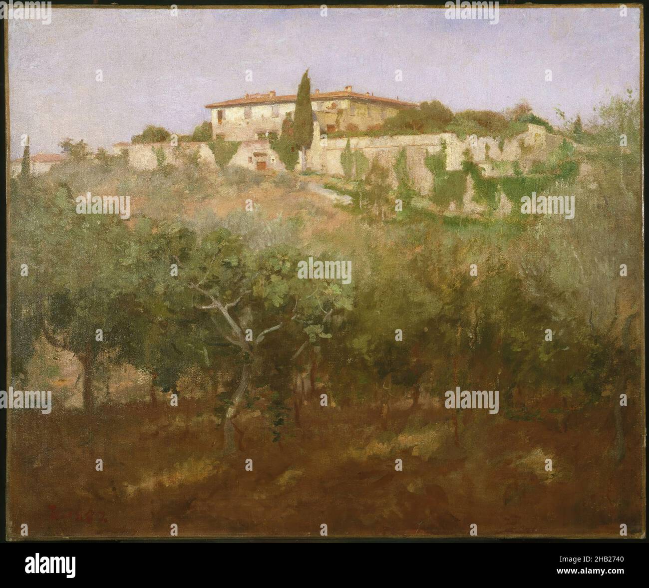 Villa Castellani, Frank Duveneck, Amerikaner, 1848-1919, Öl auf Leinwand, 1887, 24 15/16 x 30 Zoll, 63,4 x 76,2 cm, 1887, 19th Century, 20th, American Painting, Castellani, Century, Duveneck; früh, Frank, Grün, Haus, italienisch, Italien, Landschaft, Landschaften;, ndd7, Öl auf Leinwand, Malerei, Malerei;, Gemälde;, sonnig, Bäume, toskana, Villa, villa;, Weinberg Stockfoto