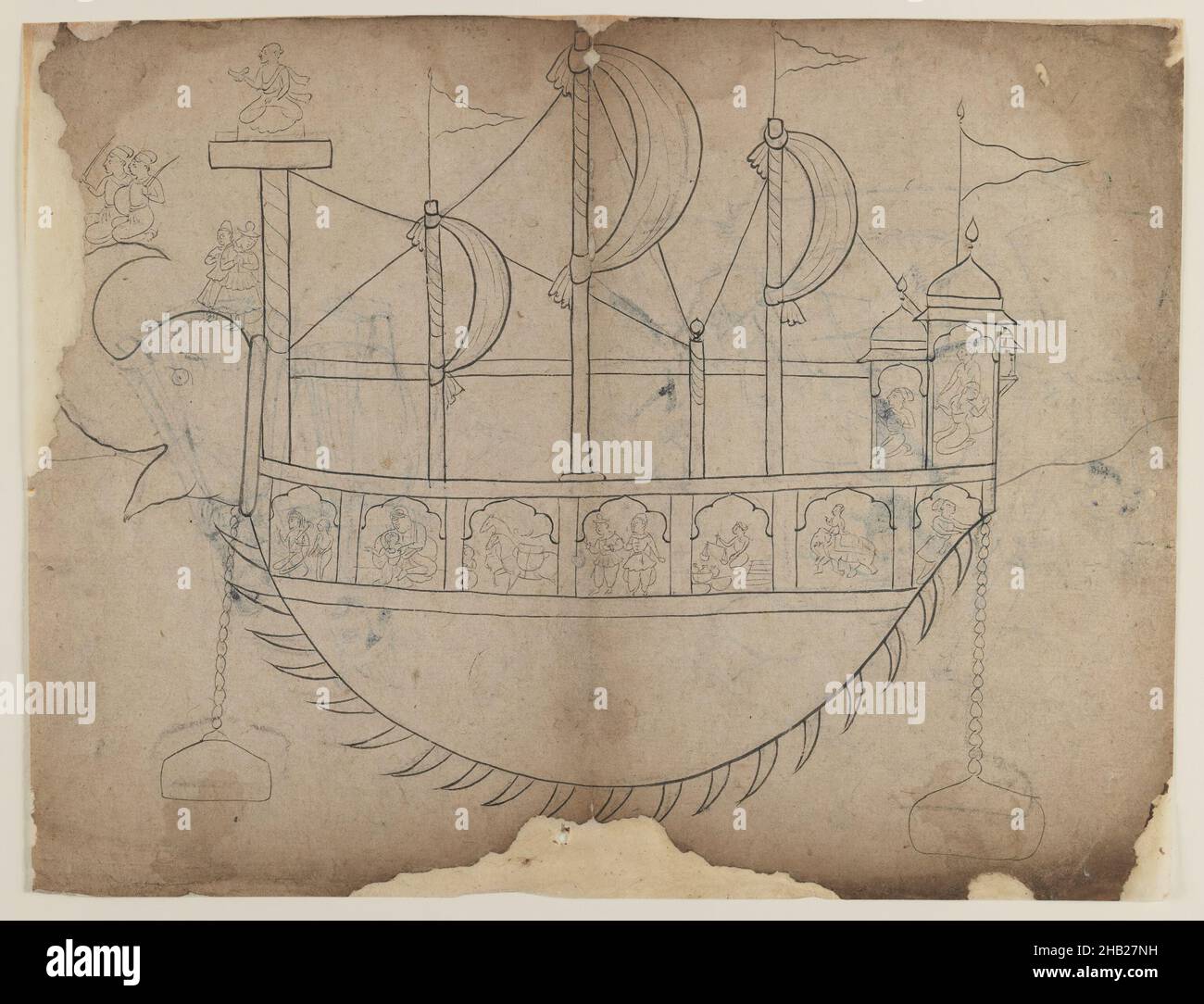 Linienzeichnung eines phantasievollen Bootes, indisch, Tinte und Kohle auf Papier, 19th Jahrhundert, Blatt: 8 5/8 x 11 5/8 Zoll, 21,9 x 29,5 cm Stockfoto