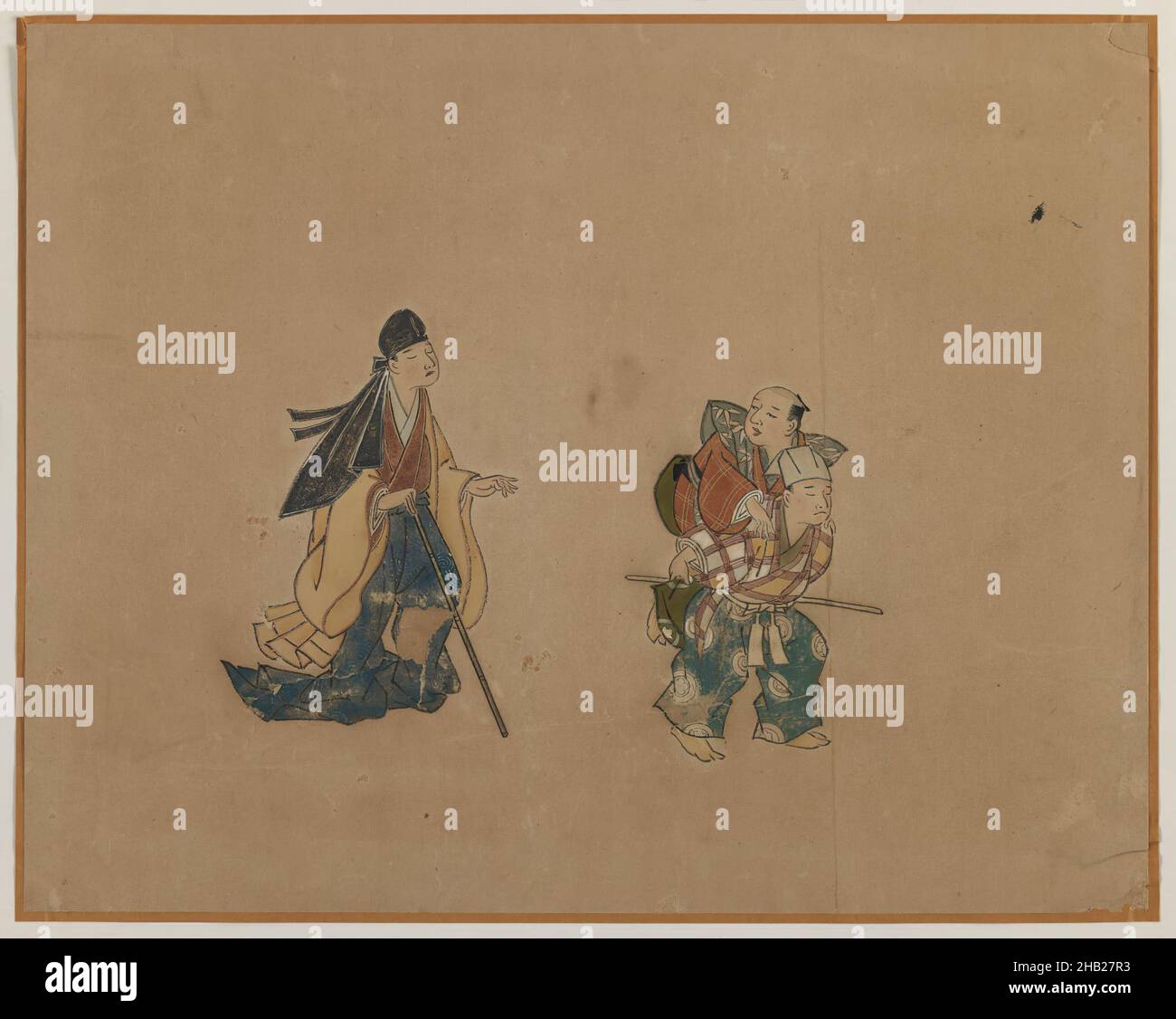 Samurai und zwei Blindmen, Albumblattmalerei, Tinte und Farbe auf Papier, Japan, Anfang 19th Jahrhundert, Edo-Zeit, 10 3/4 x 13 5/8 Zoll, 27,3 x 34,6 cm Stockfoto