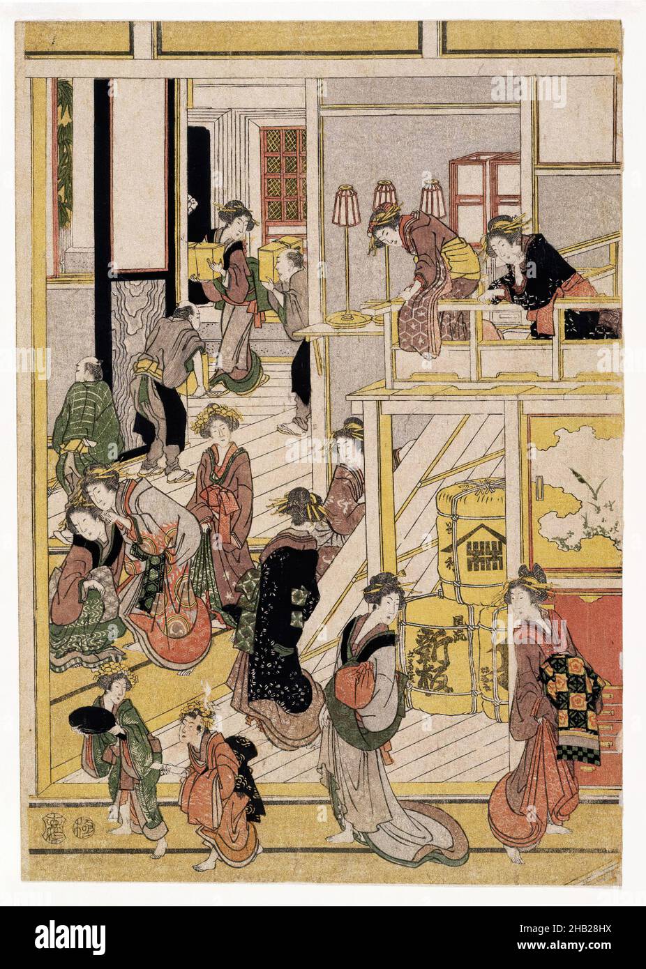 Neujahrstag im Bordell Ogiya, Yoshiwara, Katsushika Hokusai, japanisch, 1760-1849, Polyptychon aus polychromen Holzschnitten; Tinte und Farbe auf Papier, Japan, ca. 1810, Edo-Periode, jedes Blatt 14 x 10 Zoll, 35,6 x 25,4 cm, Bijin, bijinga, fest, Kurtisanen, Edo-Periode, Spaß, Geisha, Japan, Japaner, Kimono, marktfähig, Männer, Prostituierte, Verkauf, Teehaus, Damen, Holzschnitt Stockfoto