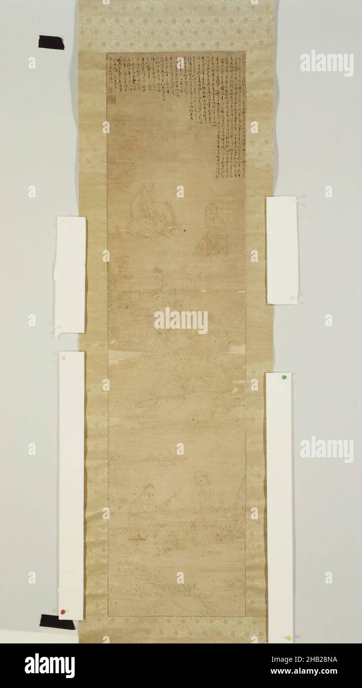 Elegante Versammlung im westlichen Garten, verbrannte Linien und Tinte auf Papier, Korea, vor 1834, Joseon-Dynastie, Joseon-Dynastie, 45 7/8 x 11 1/4 Zoll, 116,5 x 28,5 cm, künstlerisch, klassisch, Garten, Tinte, Joseon, Korea, Koreanisch, Literatur, Musik, Malerei, Papier, Poesie, Predigt, Gelehrte Stockfoto
