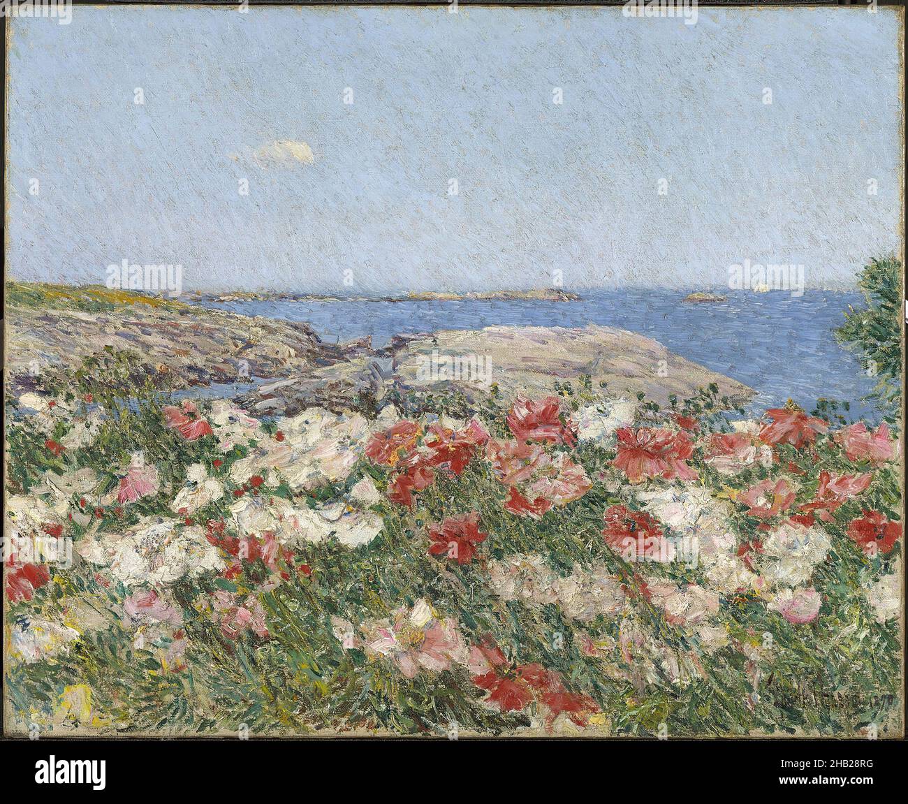 Mohnblumen auf den Inseln der Shoals, Frederick Childe Hassam, Amerikaner, 1859-1935, Öl auf Leinwand, 1890, Rahmen: 25 3/4 x 29 5/8 x 4 Zoll, 65,4 x 75,2 x 10,2 cm, 19.C, amerikanischer Impressionismus, amerikanische Malerei, Küste, Blumen, Landschaft, Natur, ndd7, Malerei, Mohnblumen, am Meer Stockfoto