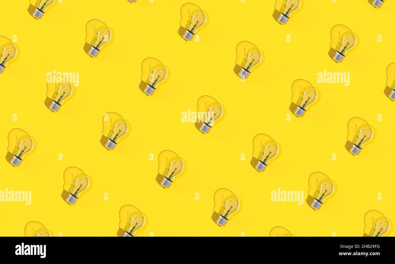 Glühbirnen auf gelbem Hintergrund in flacher Laie-Optik. 3D Rendern Stockfoto