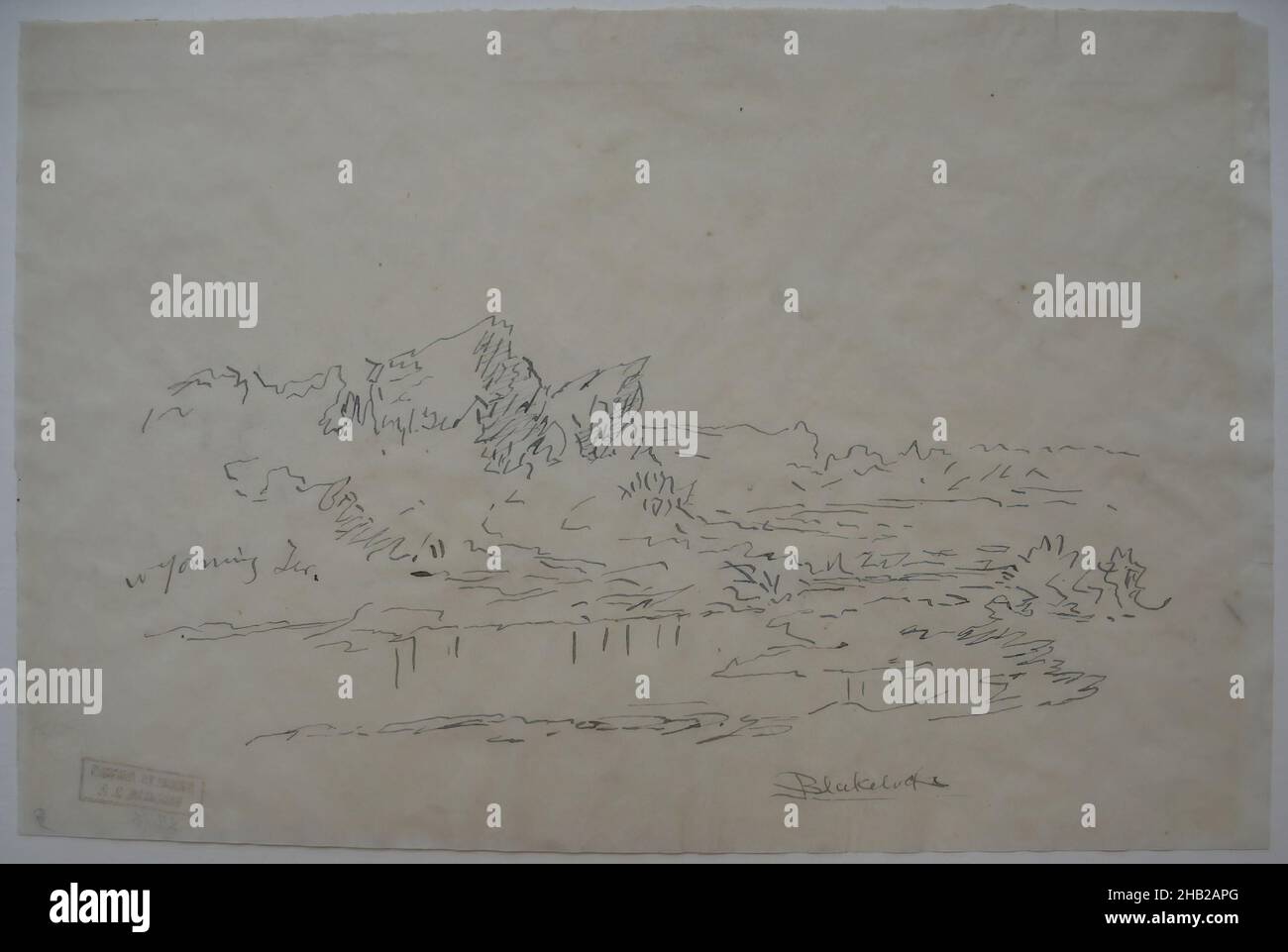 Wyoming Territory, Ralph Albert Blakelock, Amerikaner, 1847-1919, Stift und Tinte auf dünnem Papier, ca. 1869-1871, Blatt: 5 5/16 x 8 1/16 Zoll, 13,5 x 20,5 cm Stockfoto