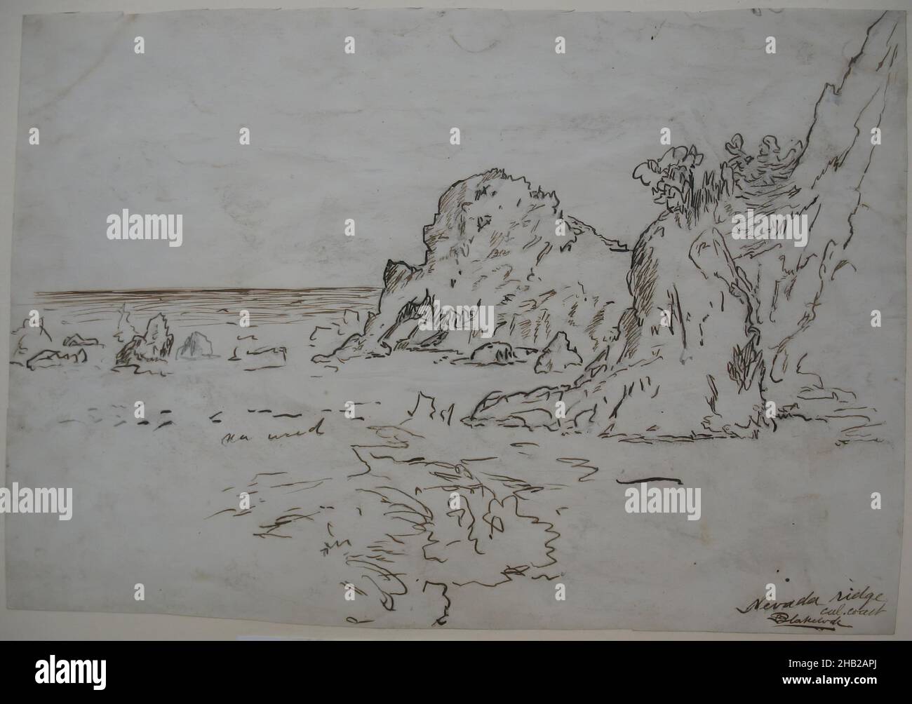 Nevada Ridge, California Coast, Ralph Albert Blakelock, Amerikanisch, 1847-1919, Stift, Tinte und Graphit auf Papier, ca. 1869-1871, Blatt: 7 3/4 x 11 1/8 Zoll, 19,7 x 28,3 cm Stockfoto