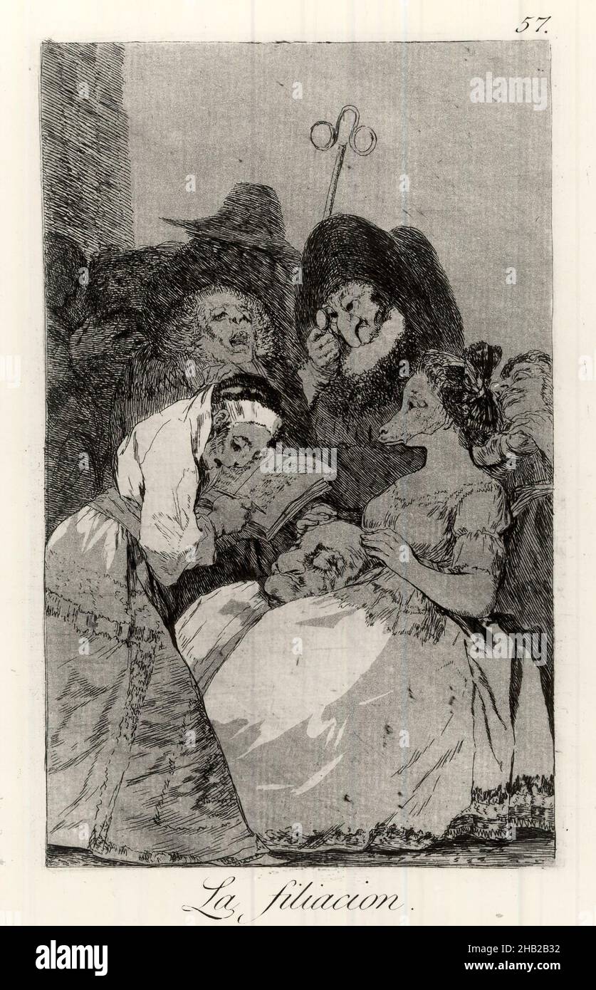 Die Filiation, La Filiacion, Los Caprichos, Platte 57, Francisco de Goya y Lucientes, Spanisch, 1746-1828, Radierung und Aquatinta auf gedecktem Papier, Spanien, 1797-1798, Blatt: 11 7/8 x 8 Zoll, 30,2 x 20,3 cm, Abbildungen Stockfoto