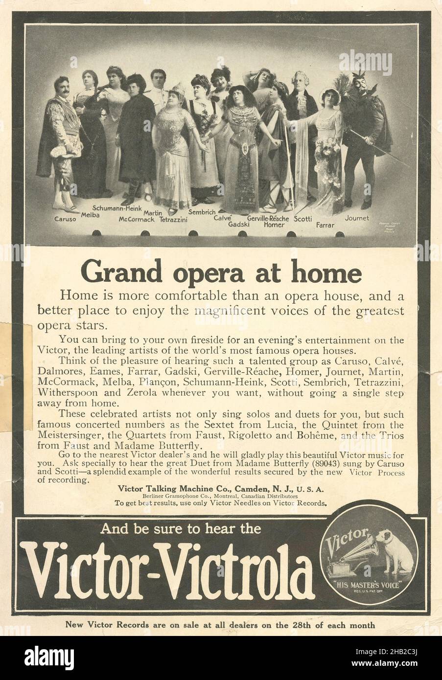 Antike September 1910-Anzeige für den Phonographen der Victor Talking Machine Company, der berühmte Opernsänger der damaligen Zeit darstellt. QUELLE: ORIGINAL-ZEITSCHRIFT AD Stockfoto