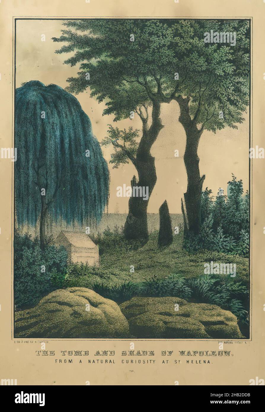 Das Grab und der Schatten Napoleons, aus einer Neugier auf St. Helena, Nathaniel Currier, Amerikaner, 1813-1888, Lithograph, Blatt: 13 1/2 x 9 5/16 Zoll, 34,3 x 23,7 cm, Bonaparte, Felsbrocken, Kaiser, Exil, Grab, Insel, Landschaft, Denkmal, RIP, Bäume Stockfoto