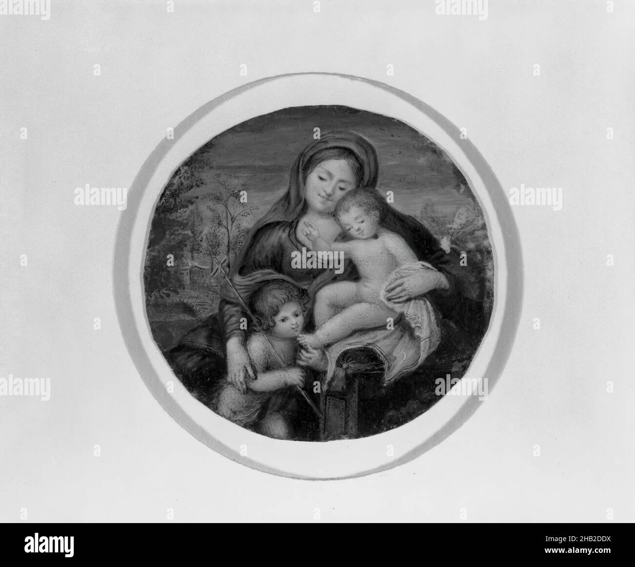 Miniatur von Madonna, Kind und Johannes, Rahmen: 3 7/16 x 13/16 Zoll, 8,7 x 2,1 cm Stockfoto