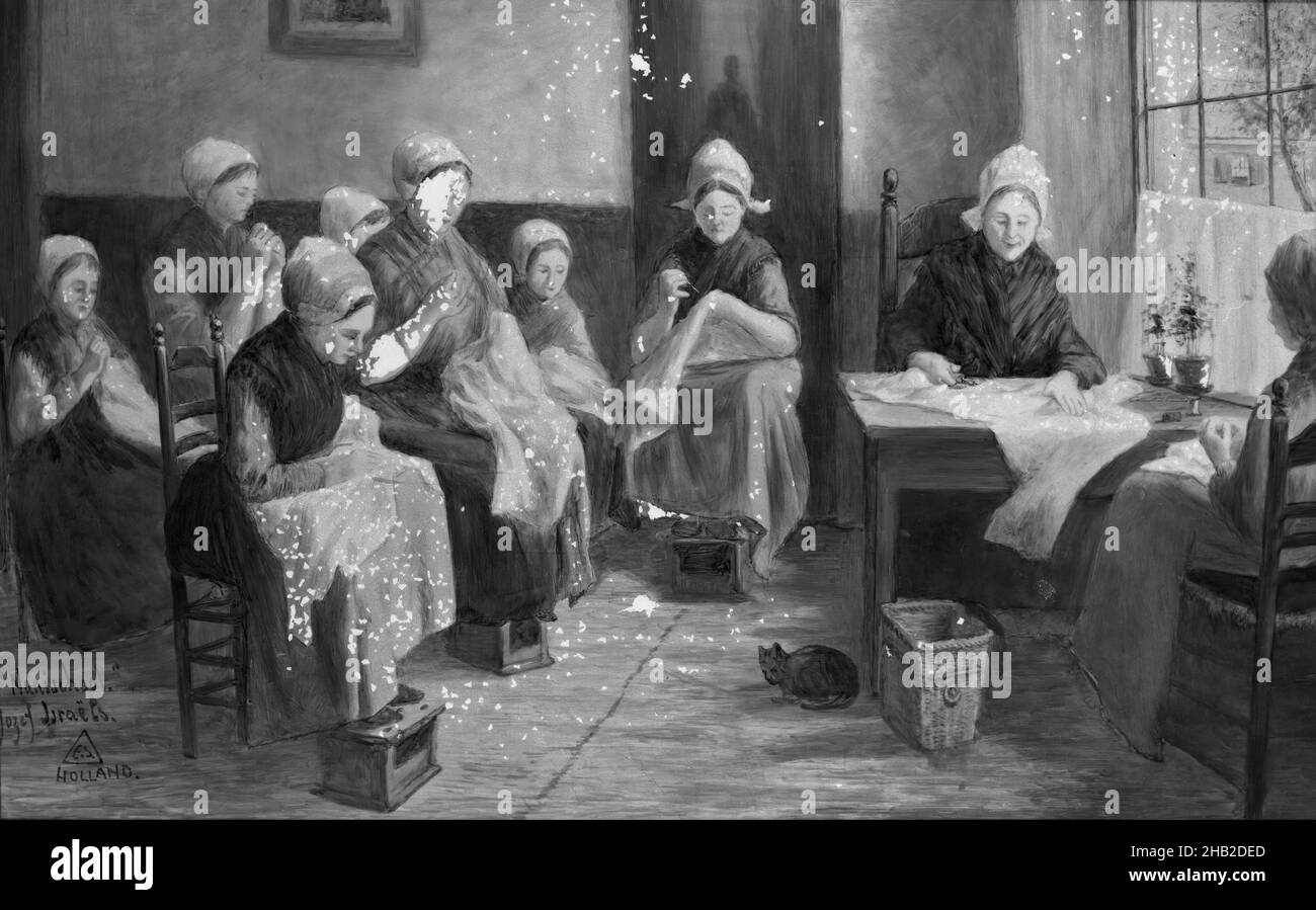 Die Nähschule, Schule von Josef Israelels, Niederländisch, 1824-1917, Öl auf Keramikplatte oder Gedenktafel, Anfang des 20th. Jahrhunderts, wahrscheinlich, Gedenktafel: 11 1/4 x 17 3/8 Zoll, 28,6 x 44,1 cm Stockfoto