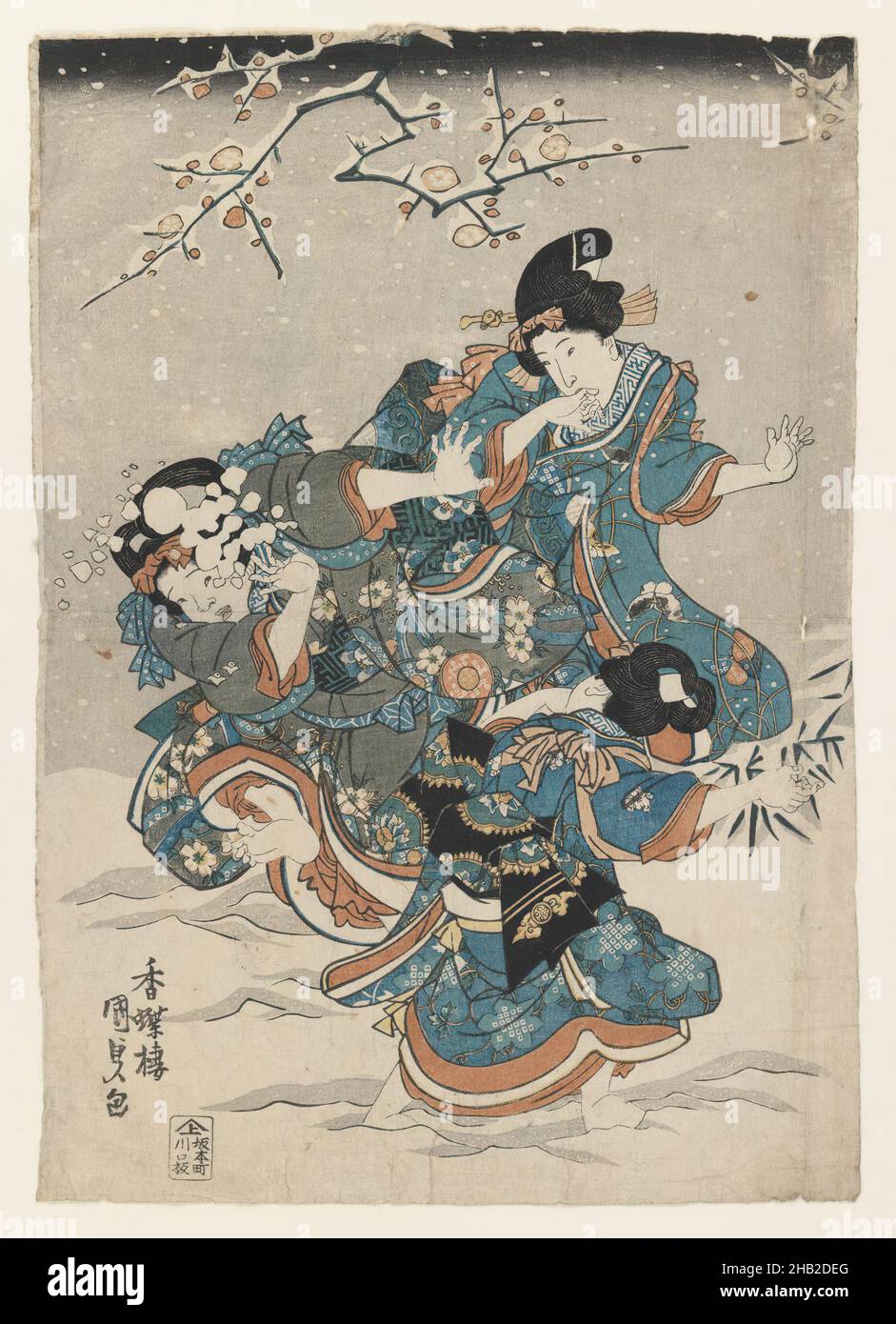 Frauen und Kinder, die im Schnee spielen, Utagawa Kunisada, Toyokuni III, Japanisch, 1786-1865, Farbholzschnitt auf Papier, Japan, 1830-1839, 9 13/16 x 14 Zoll, 25,0 x 35,5 cm, Edo-Periode, Fun, Japan, Japanisch, Kimono, Schnee, Schneeball, Winter, Frauen Stockfoto