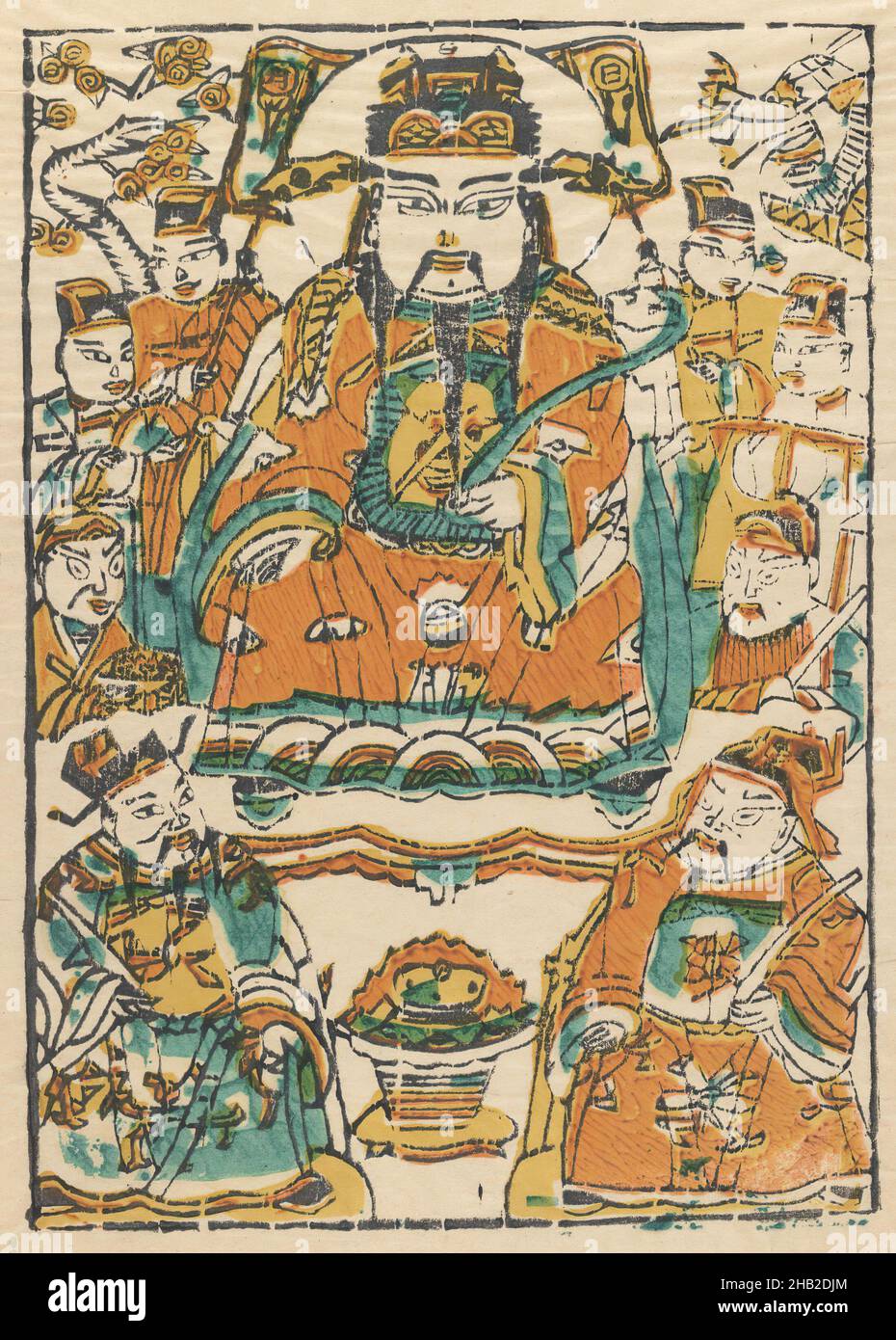 Charm, Holzschnitt, China, 20th Jahrhundert, republikanische Zeit, 17 1/2 x 11 Zoll, 44,5 x 27,9 cm, asiatisch, China, Gottheit, Kaiser, Götter, Hierarchie, männlich, sitzend Stockfoto