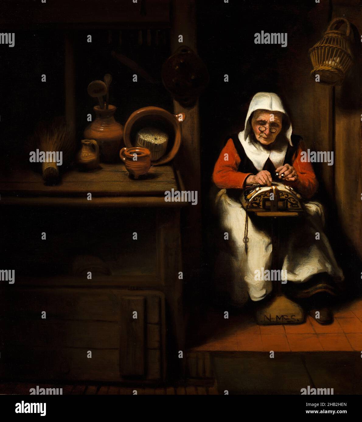 Der alte Spitzenarbeiter, Nicolaes Maes, c. 1655 Stockfoto