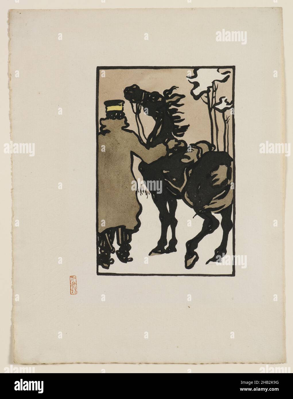 Ein japanischer Soldat mit einem Pferd im Schnee, Hashiguchi Goyō, japanisch, 1880–1921, Meiji-Zeit, 1868–1912, ca. 1904, Tinte auf Papier, hergestellt in Japan, Asien, Zeichnungen und Aquarelle, Blatt: 12 3/8 × 9 1/2 Zoll (31,4 × 24,1 cm Stockfoto